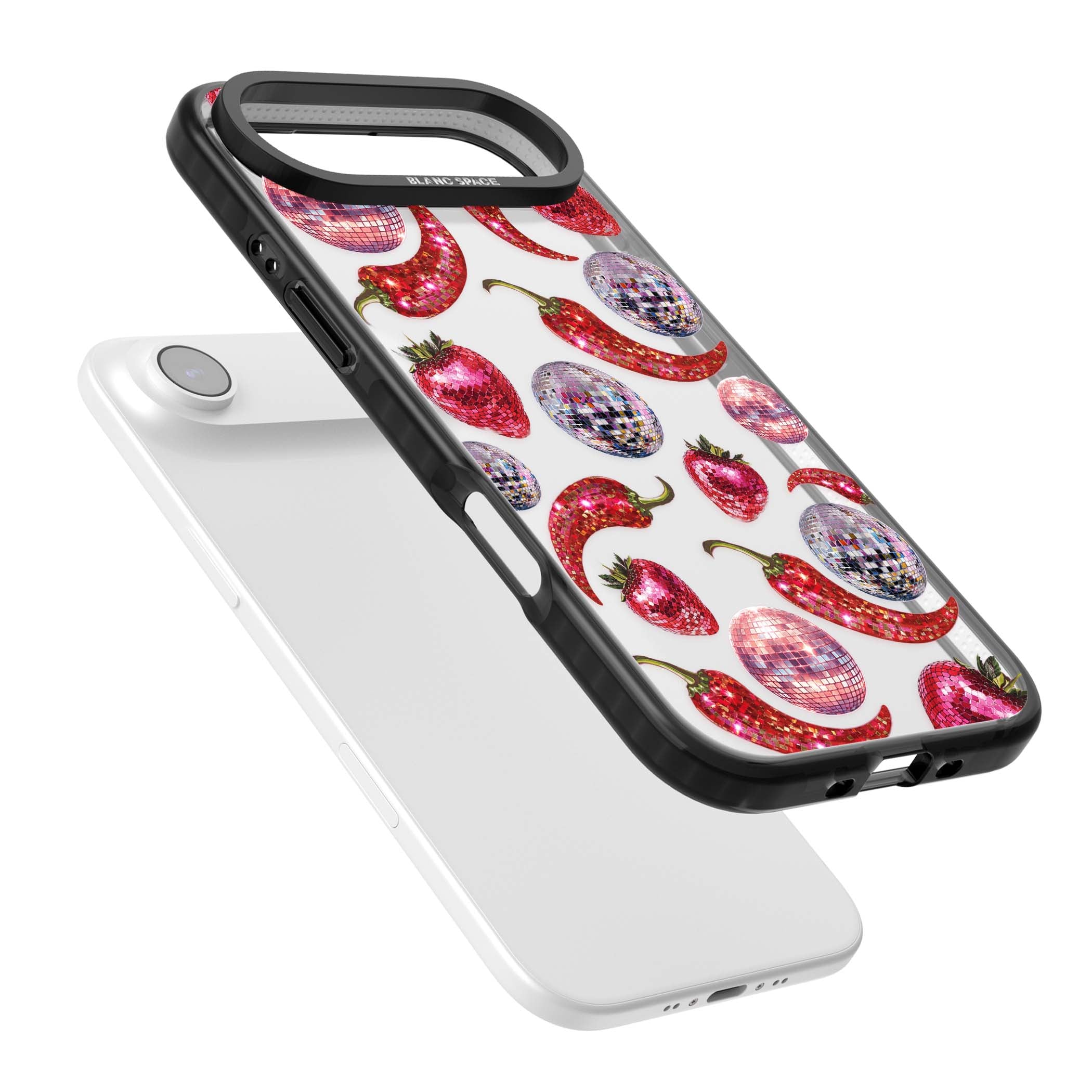 Spicy Disco Y2K iPhone case featuring glitter disco balls, sparkly strawberries and red chilli peppers | Clear Impact case for iPhone Air