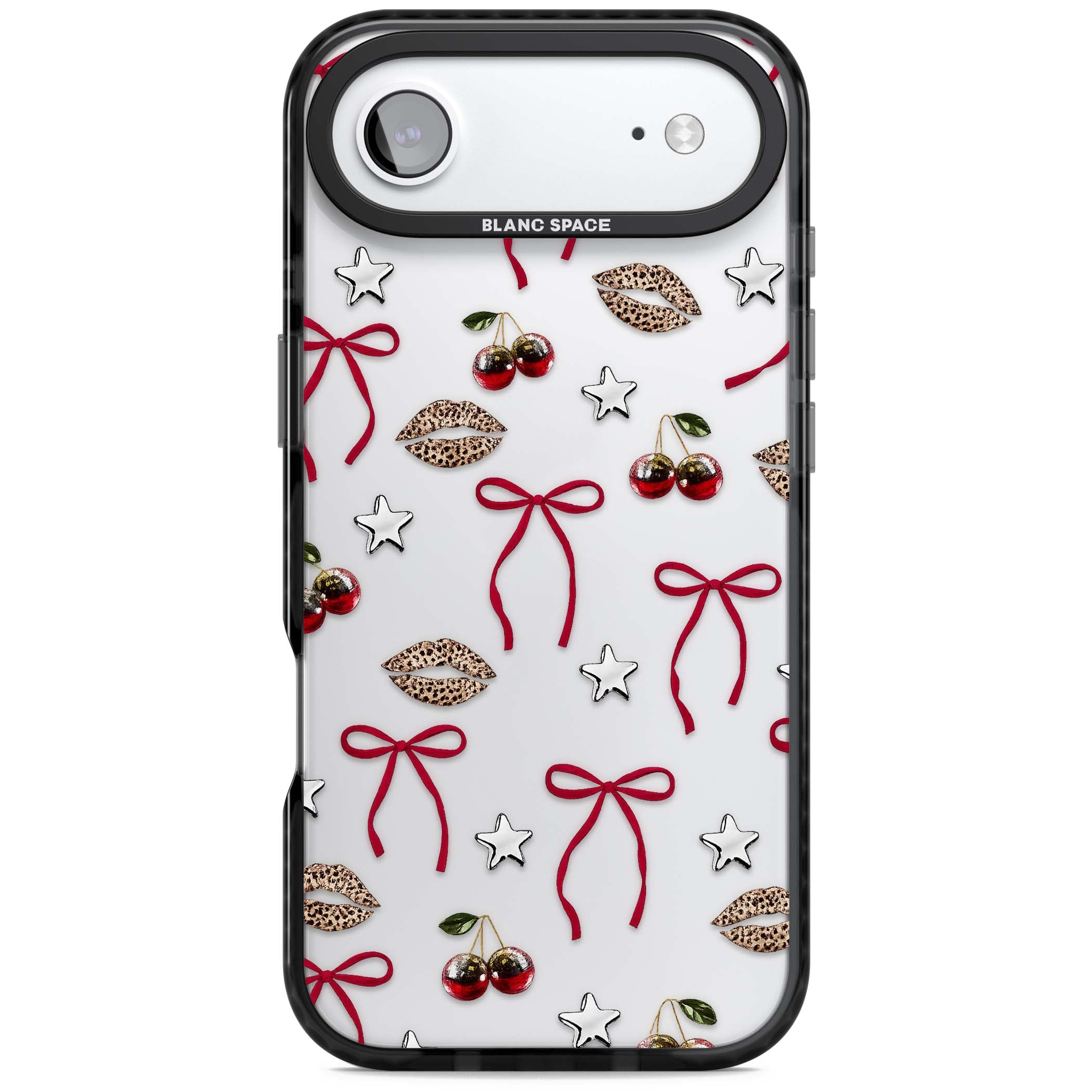 Starlet coquette iPhone case featuring red ribbon bows, disco cherries and leopard-print lips | Clear Impact case for iPhone Air