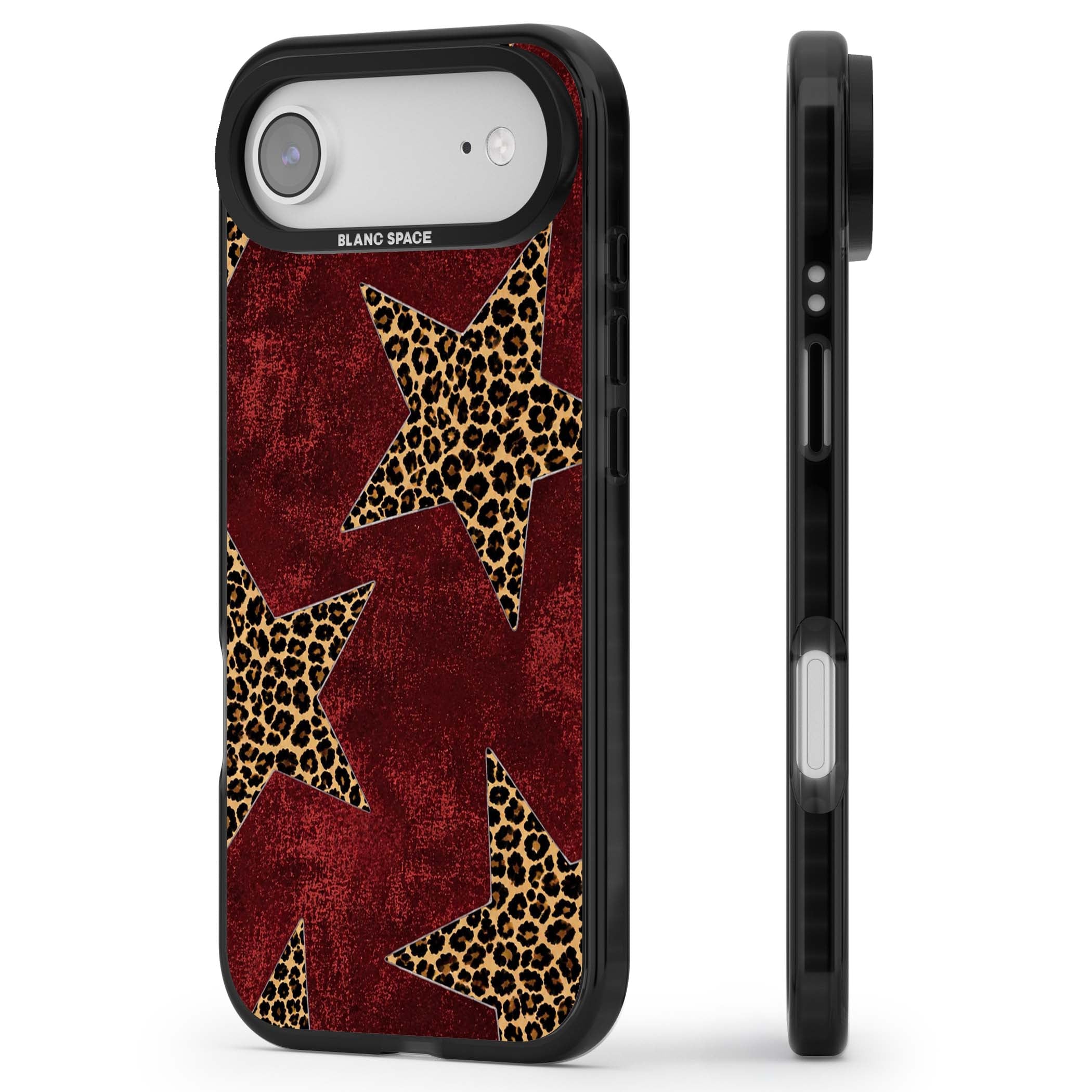 Showgirl leopard print iPhone case featuring cheetah print stars on distressed red grunge background | Clear Impact case for iPhone Air