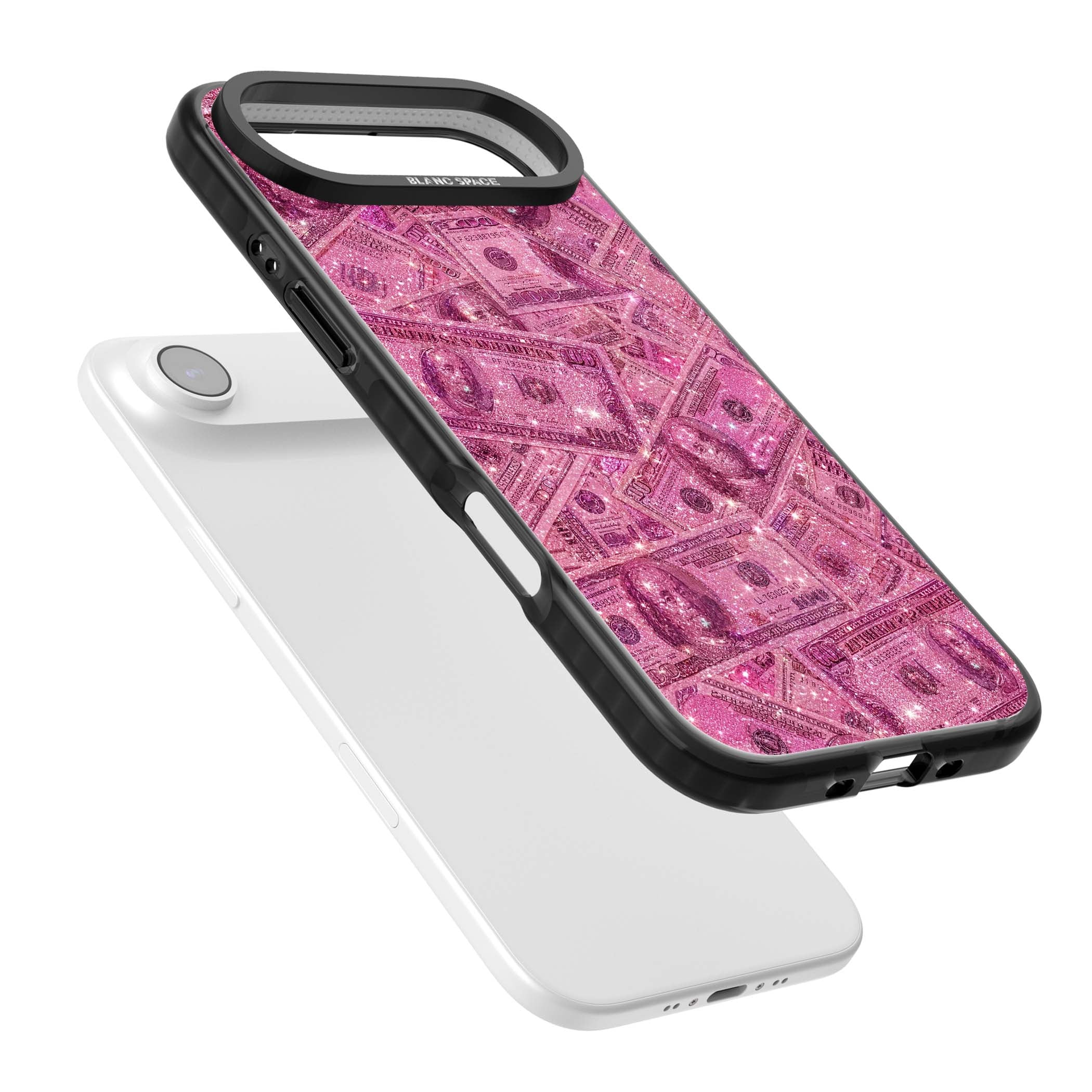Glamorous baddie iPhone case featuring pink glitter hundred dollar bills and sparkling money wallpaper design | Clear Impact case for iPhone Air