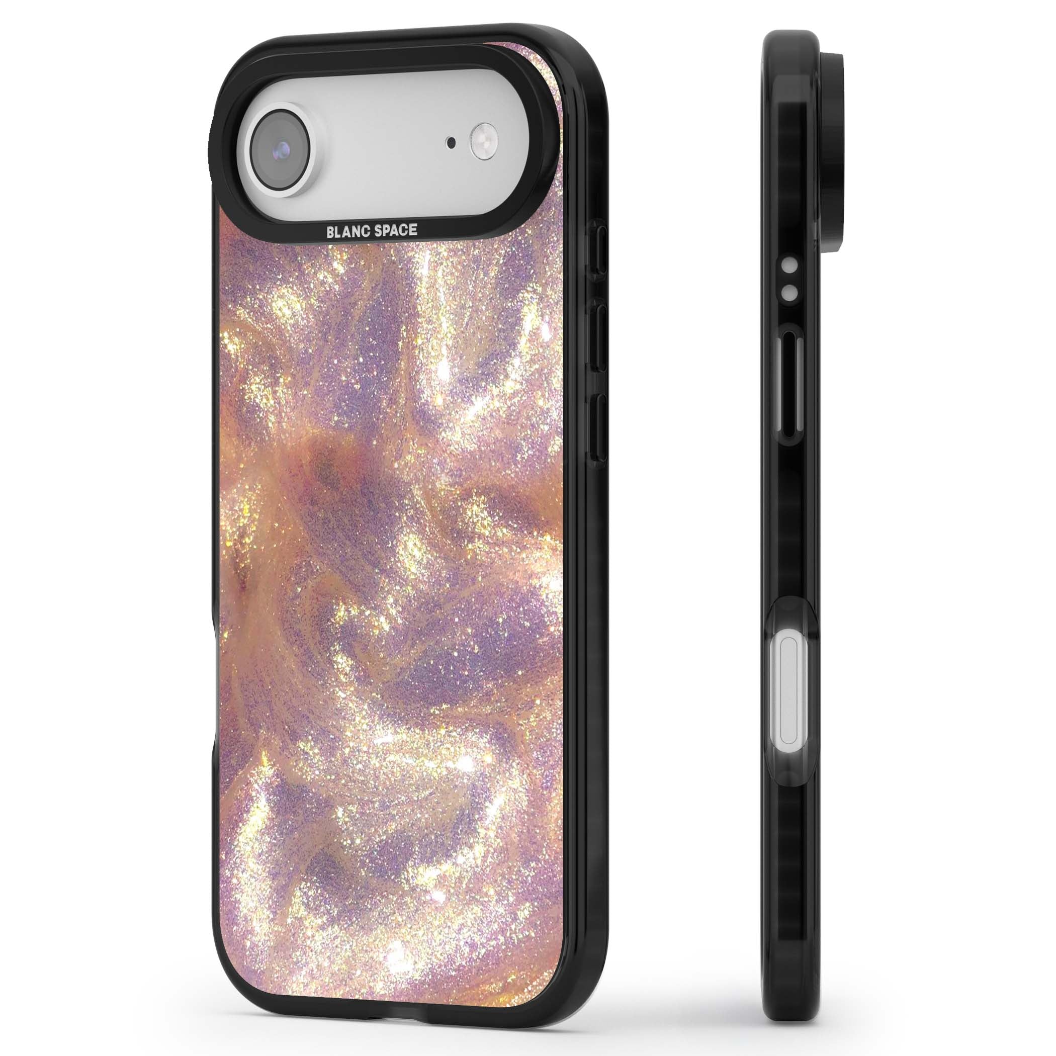 Shimmer marble iPhone case featuring rose gold glitter swirls, lilac shimmer and iridescent pearl finish | Clear Impact case for iPhone Air