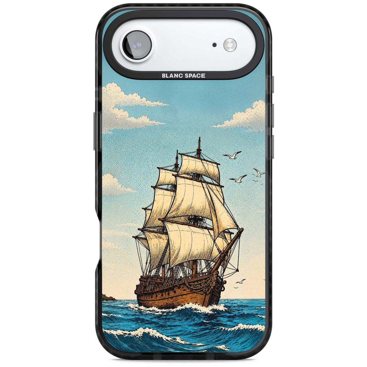 Ship at Sea nautical iPhone case featuring a vintage tall ship, ocean waves and seagulls | Clear Impact case for iPhone Air