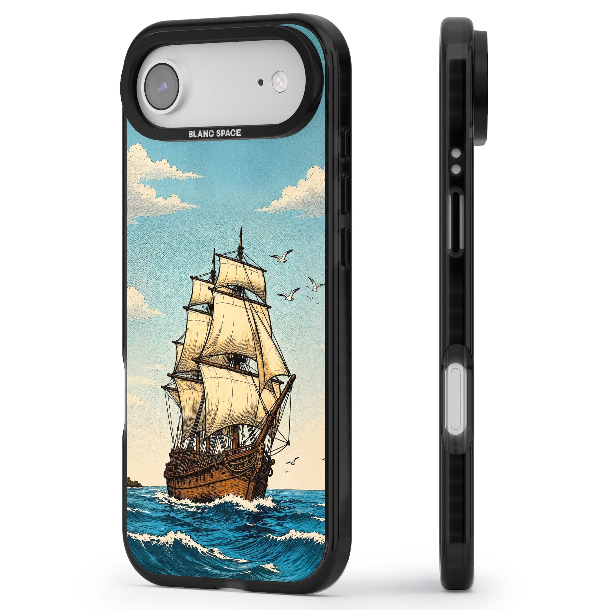 Ship at Sea nautical iPhone case featuring a vintage tall ship, ocean waves and seagulls | Clear Impact case for iPhone Air