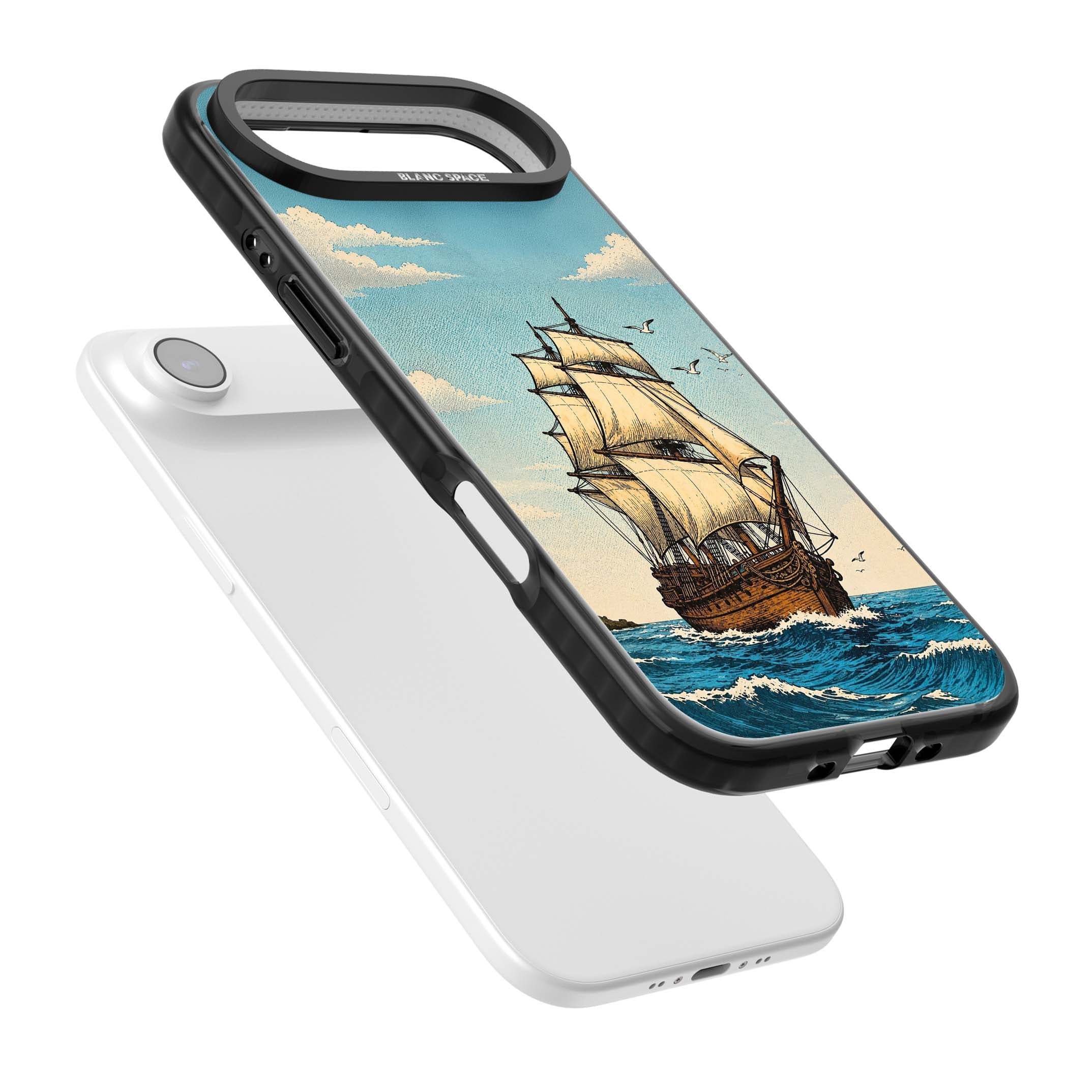 Ship at Sea nautical iPhone case featuring a vintage tall ship, ocean waves and seagulls | Clear Impact case for iPhone Air