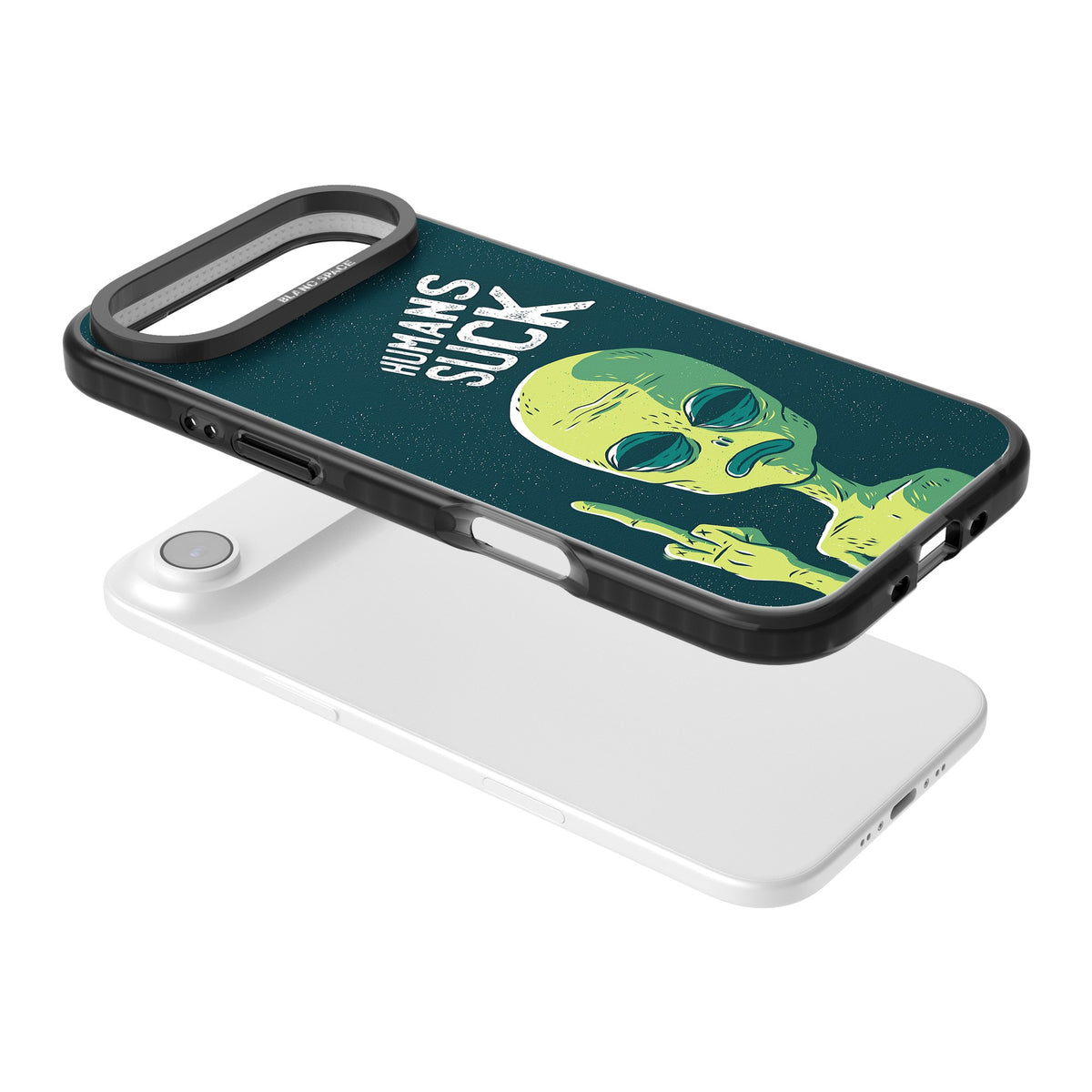 Humans Suck Alien iPhone Air Impact Black Phone Case angled