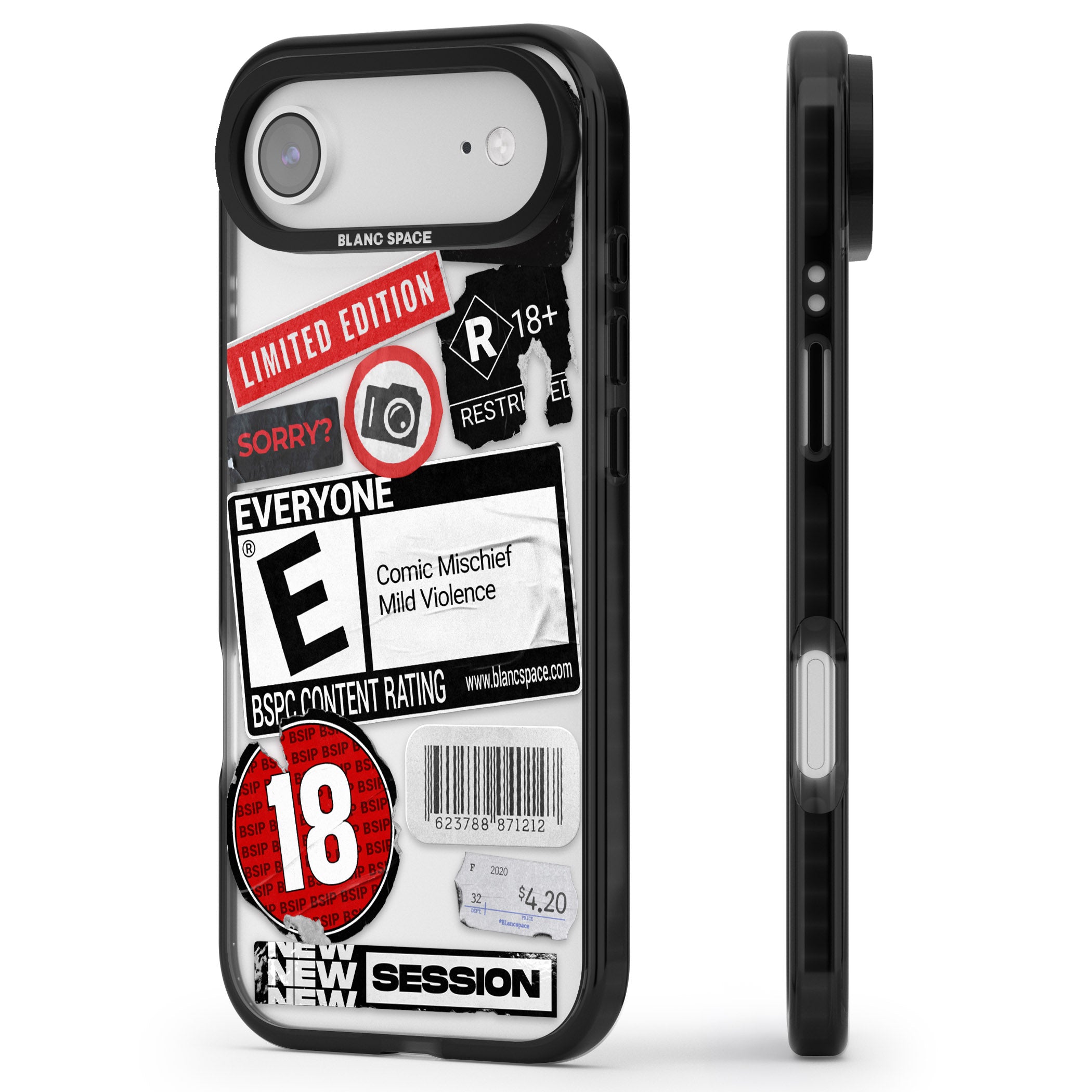 Rated 18+ Sticker Mix iPhone 17 Air Impact Black Phone Case Side Profile