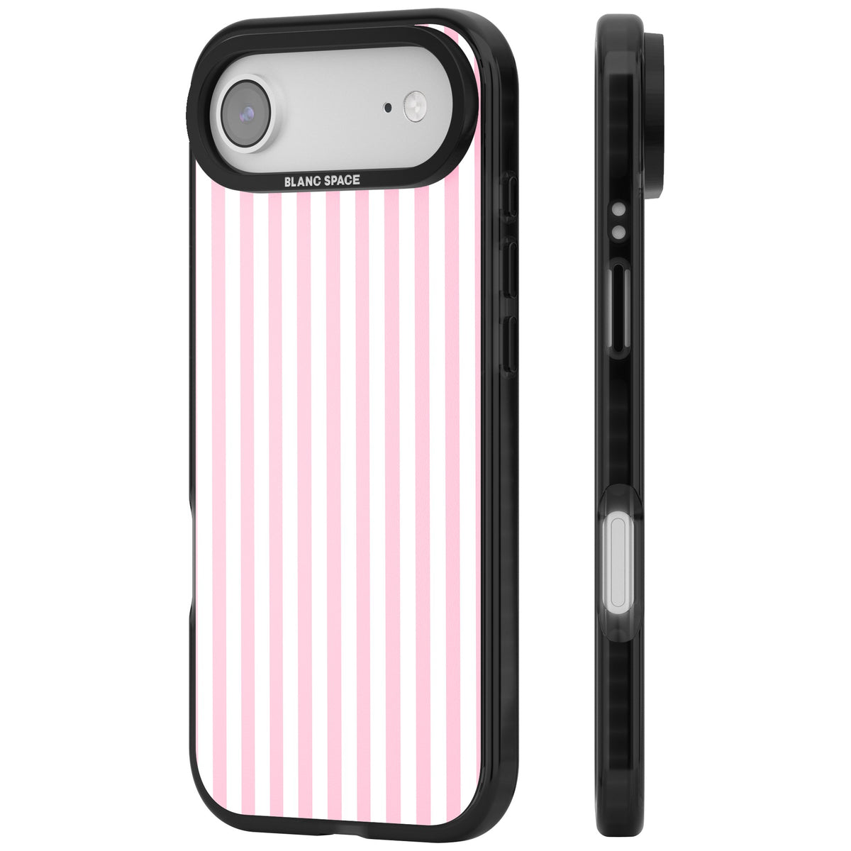Pink Stripe preppy iPhone case featuring soft pastel pink and white vertical candy stripes iPhone Air / iPhone 17 Air Impact Black Phone Case side