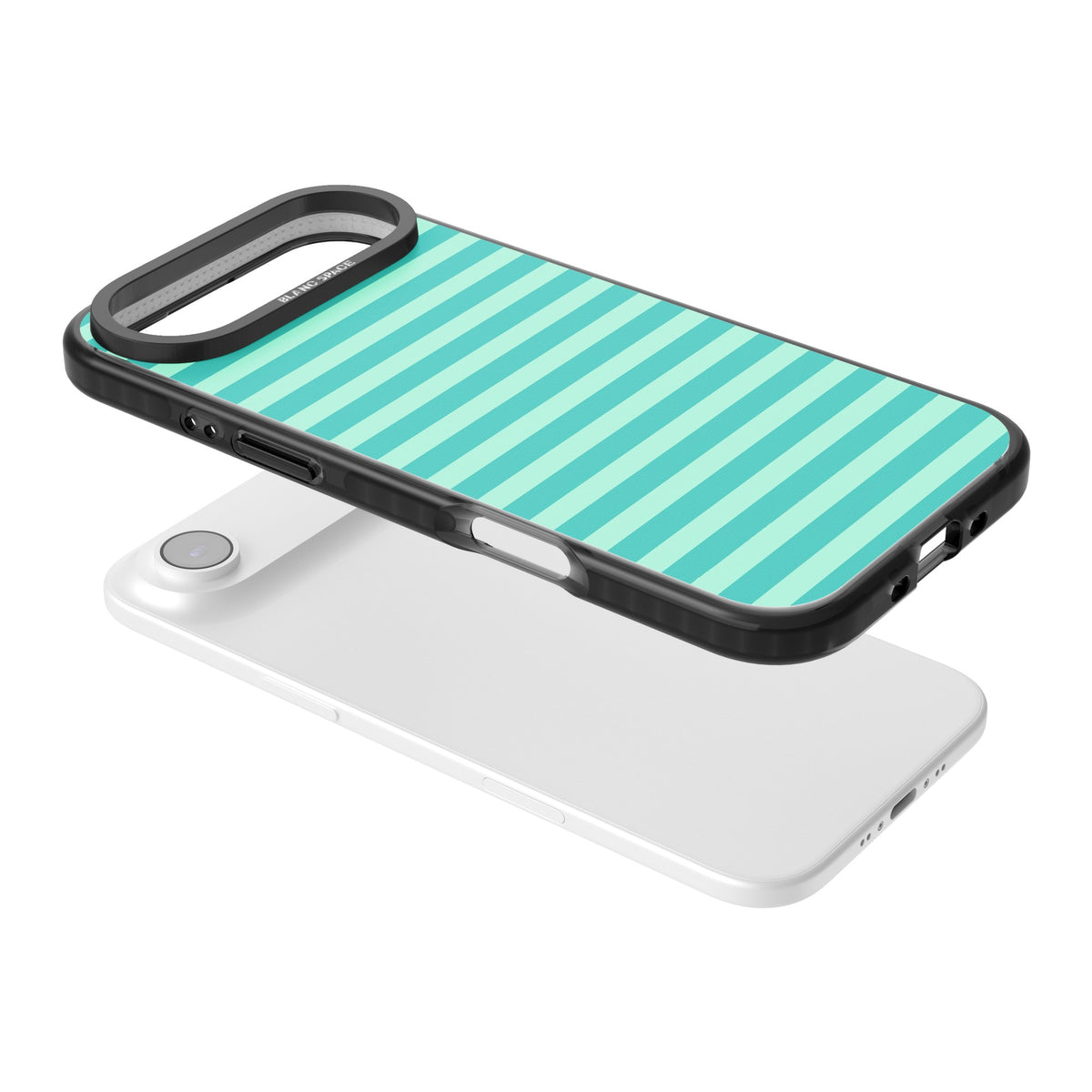 Turquoise Stripe preppy iPhone case featuring horizontal teal and mint green stripes on a black protective frame iPhone Air / iPhone 17 Air Impact Black Phone Case angled