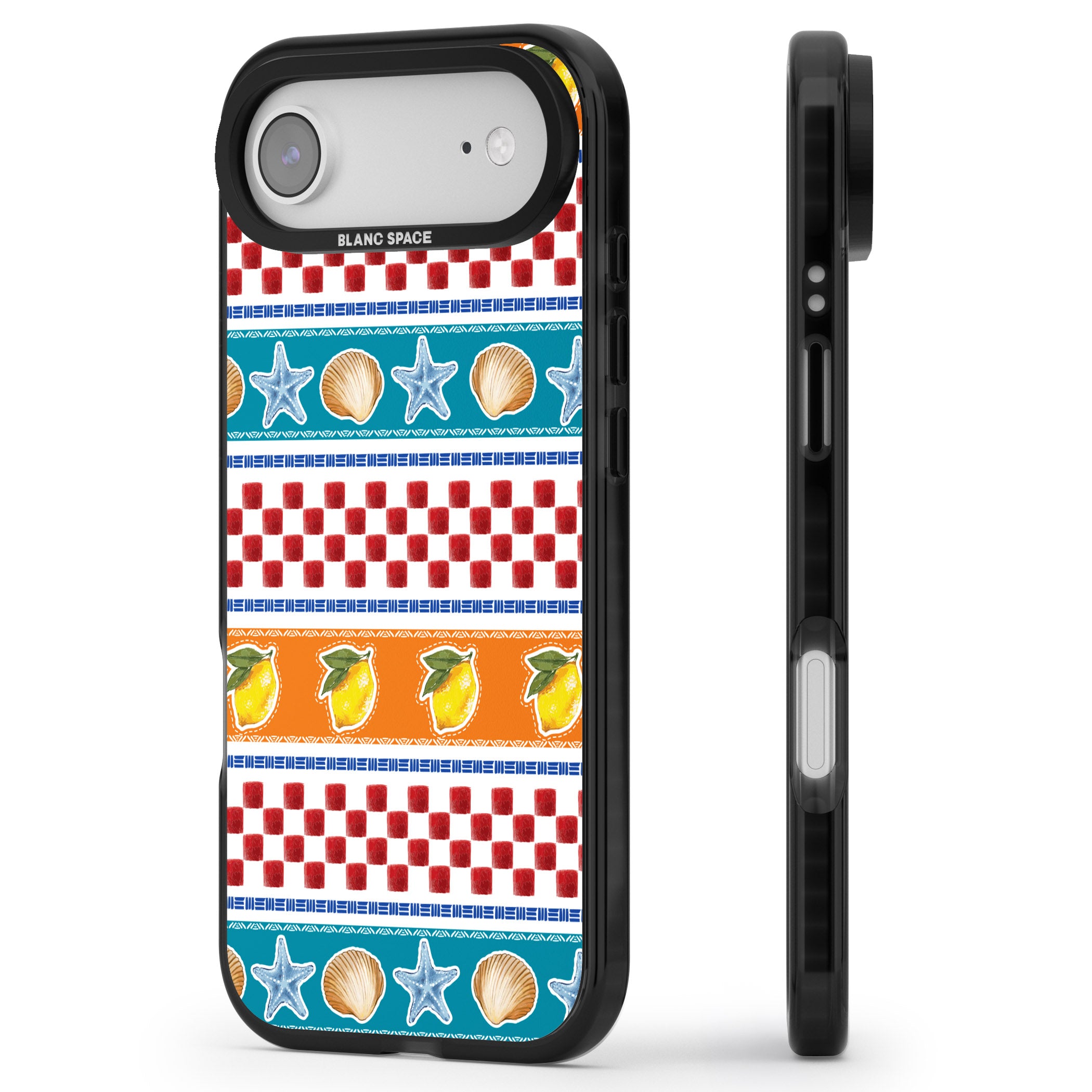 Coastal Italian Check Pattern iPhone 17 Air Impact Black Phone Case Side Profile