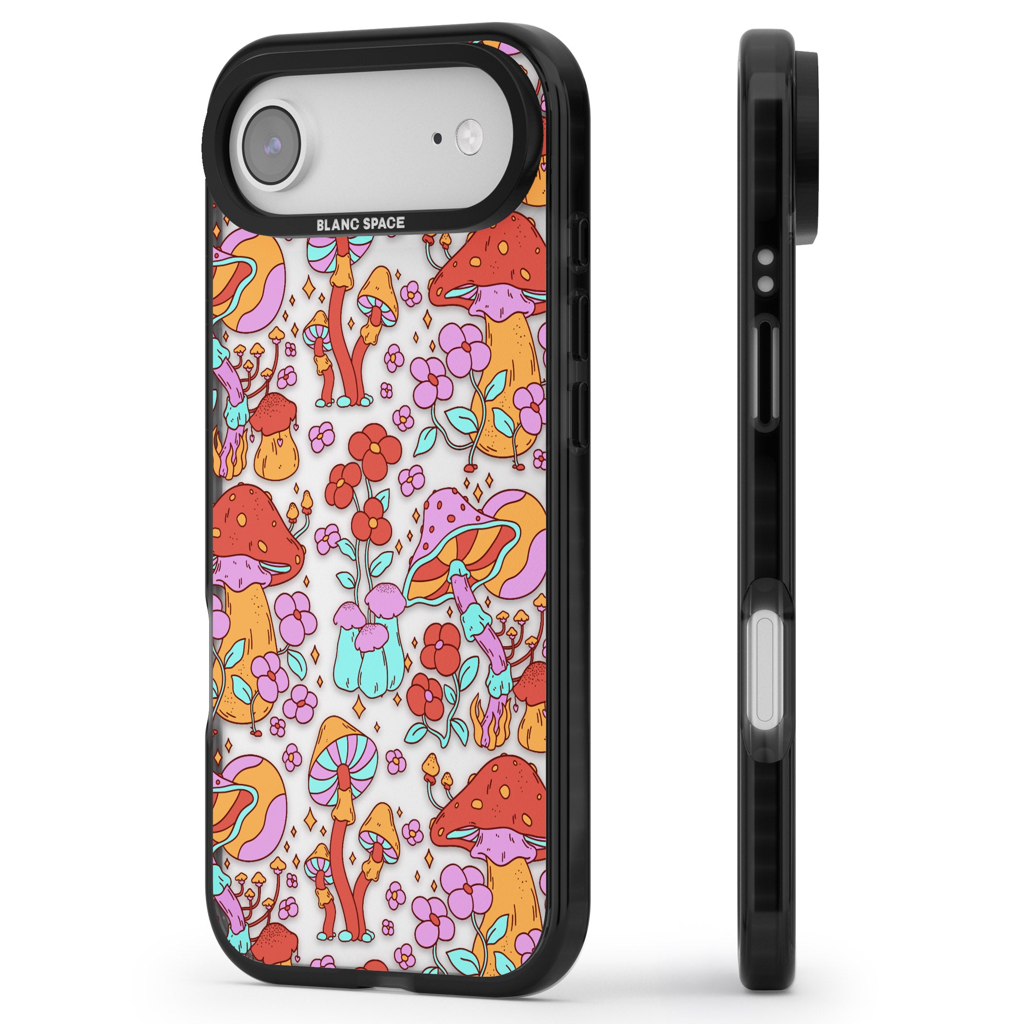 Psychedelic Flowers & Mushrooms iPhone 17 Air Impact Black Phone Case Side Profile