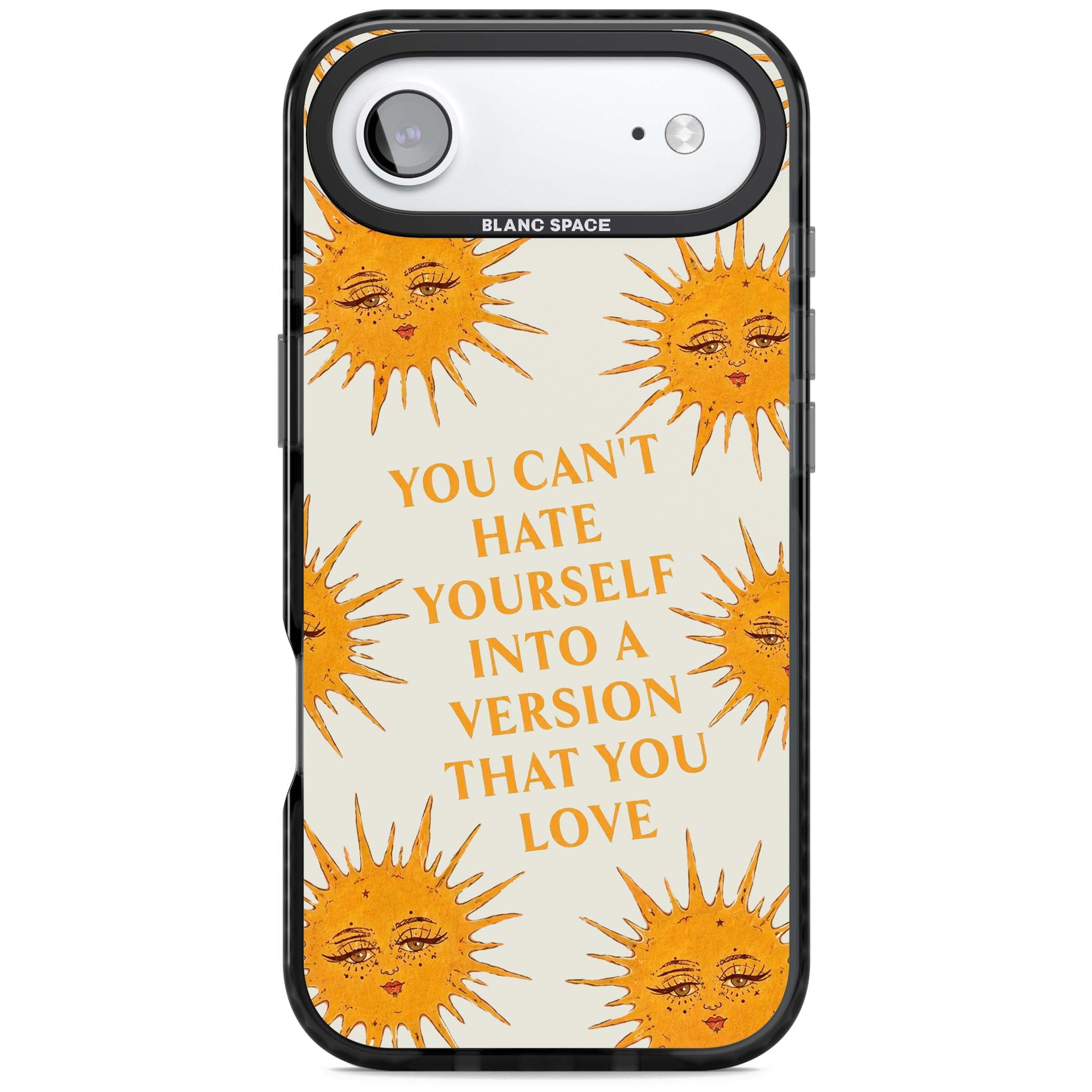 Don't Hate Yourself celestial iPhone case featuring vintage sun faces, ochre rays and a self-love quote | Clear Impact case for iPhone Air