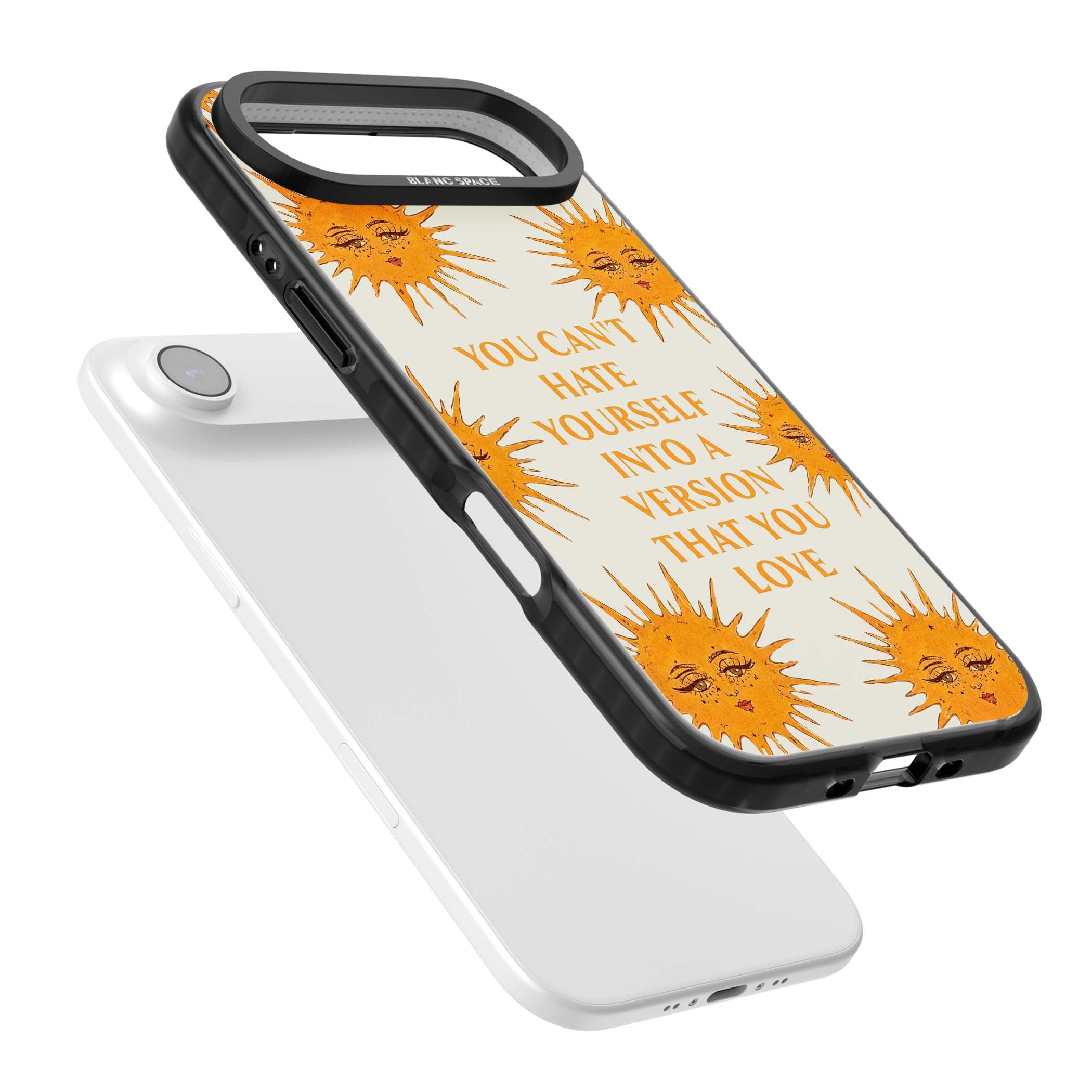 Don't Hate Yourself celestial iPhone case featuring vintage sun faces, ochre rays and a self-love quote | Clear Impact case for iPhone Air