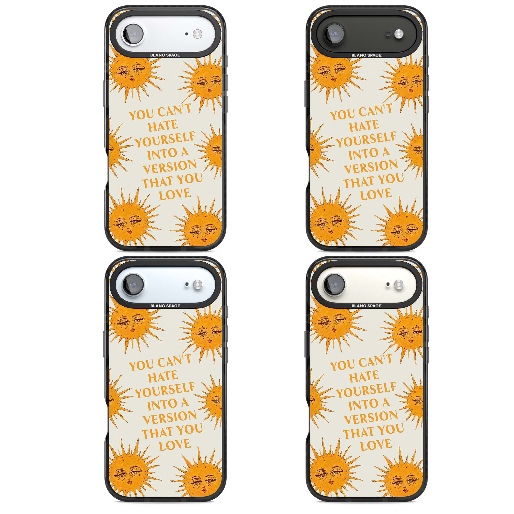 Don't Hate Yourself celestial iPhone case featuring vintage sun faces, ochre rays and a self-love quote | Clear Impact case for iPhone Air