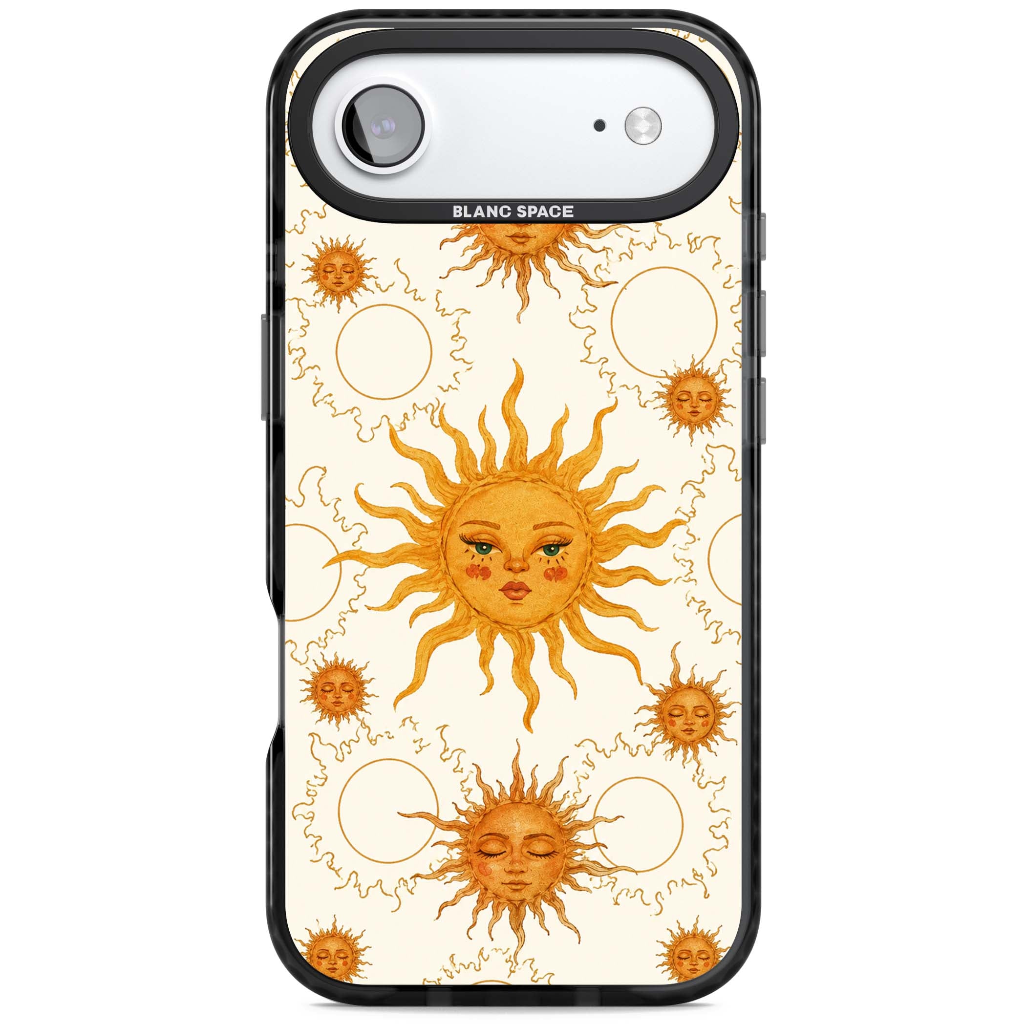 Solstice Muse celestial iPhone case featuring hand-painted golden sun faces, closed-eye sun goddesses and outlined moons... | Clear Impact case for iPhone Air