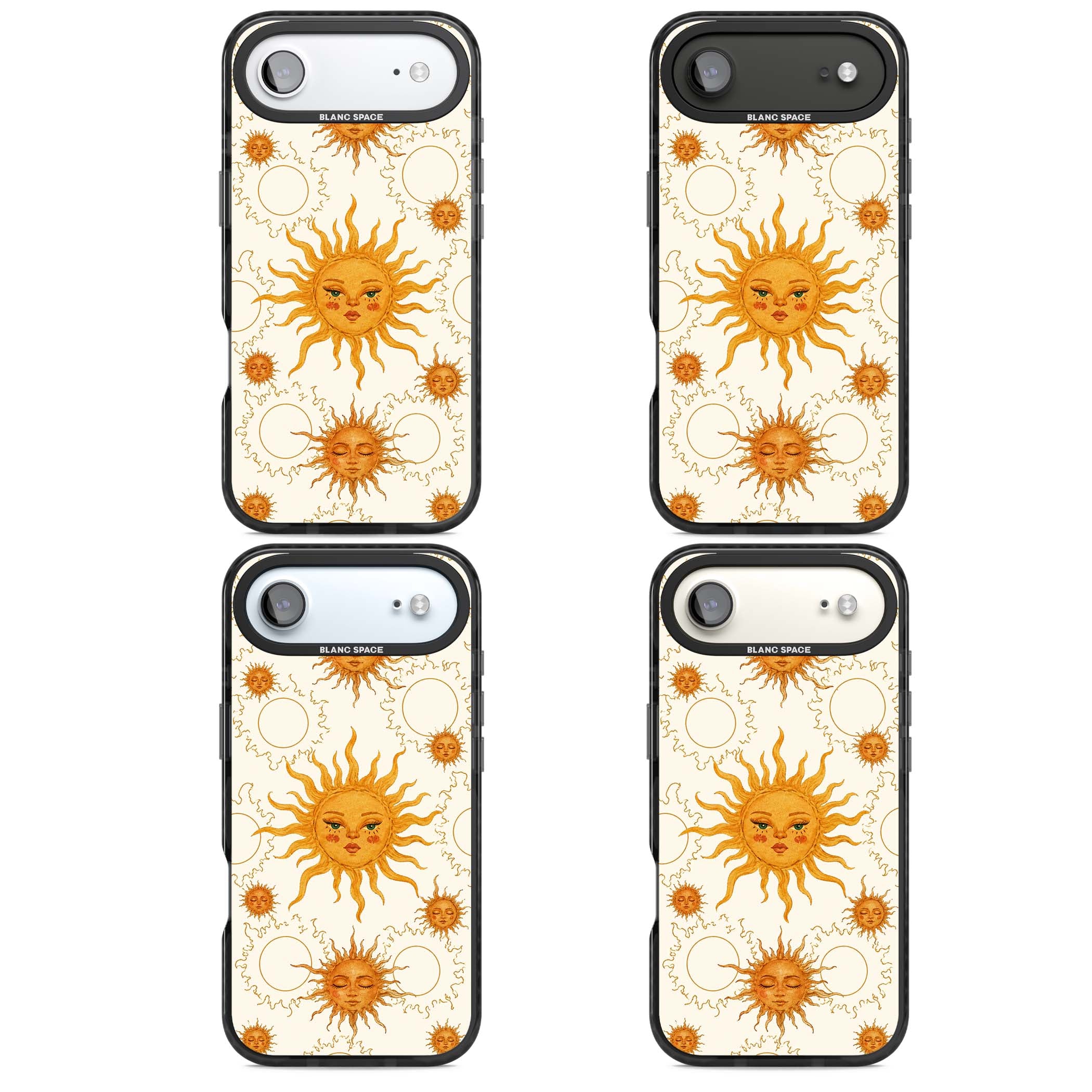 Solstice Muse celestial iPhone case featuring hand-painted golden sun faces, closed-eye sun goddesses and outlined moons... | Clear Impact case for iPhone Air