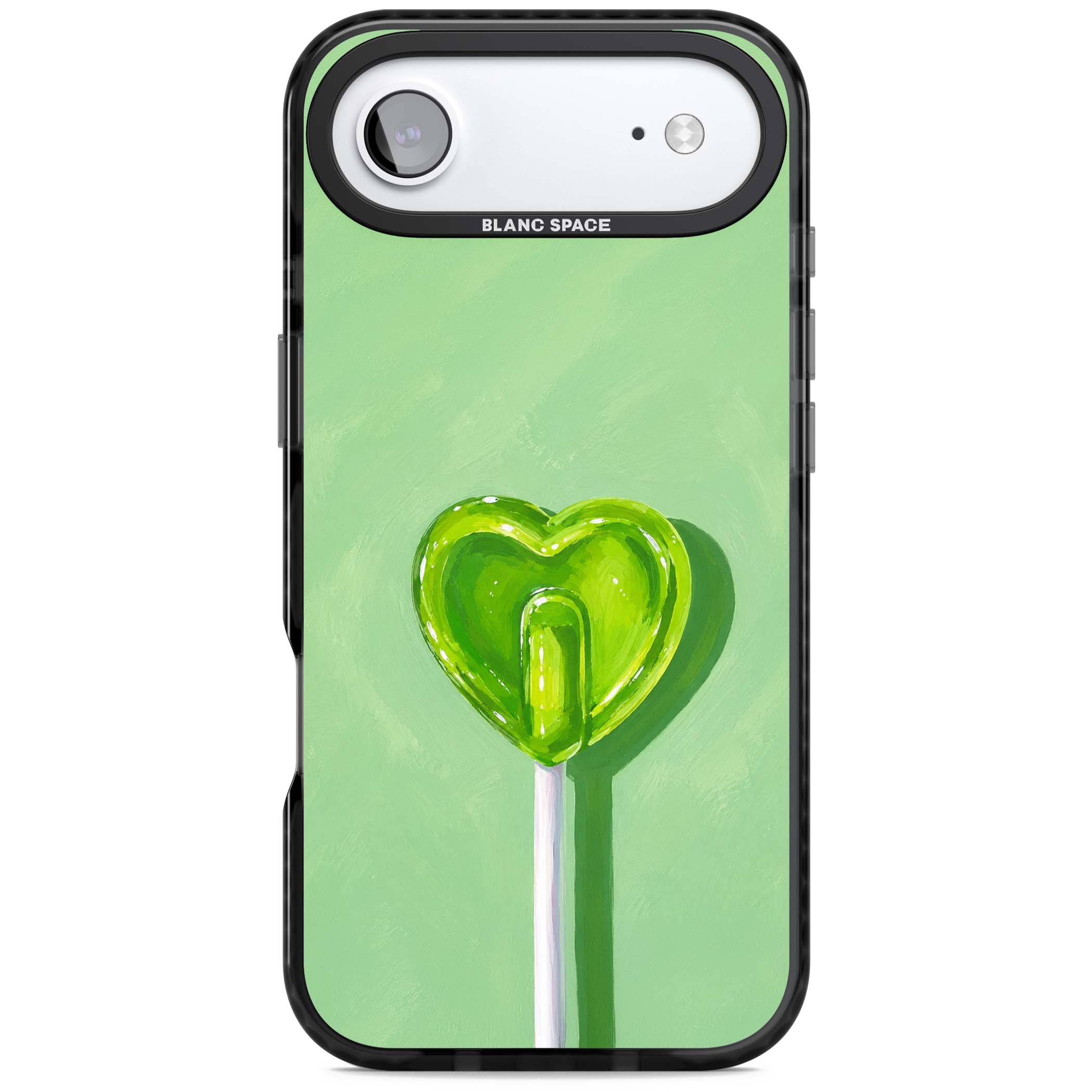Green Lollipop candy art iPhone case featuring a glossy green heart-shaped lollipop on a painted pastel green background | Clear Impact case for iPhone Air