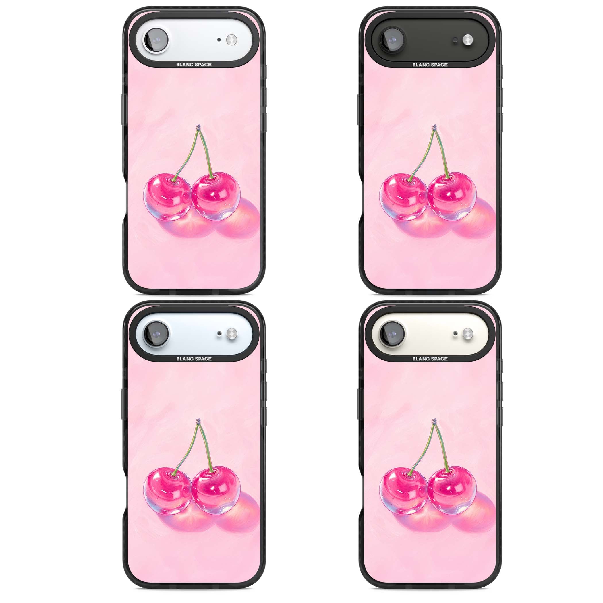 Pink Glass Cherry coquette iPhone case featuring two glossy painted cherries on a soft pink background | Clear Impact case for iPhone Air