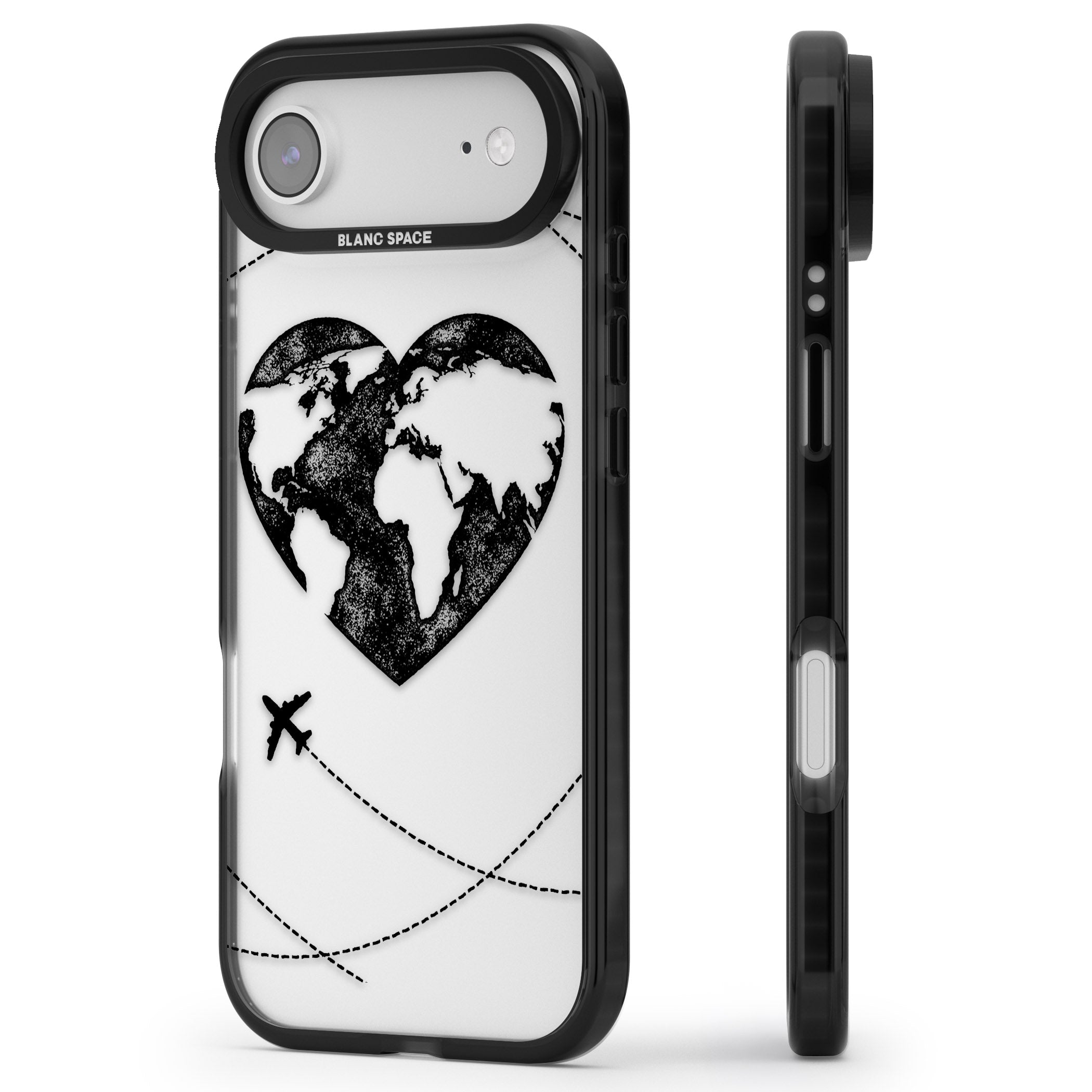 Globe Heart iPhone 17 Air Impact Black Phone Case Side Profile