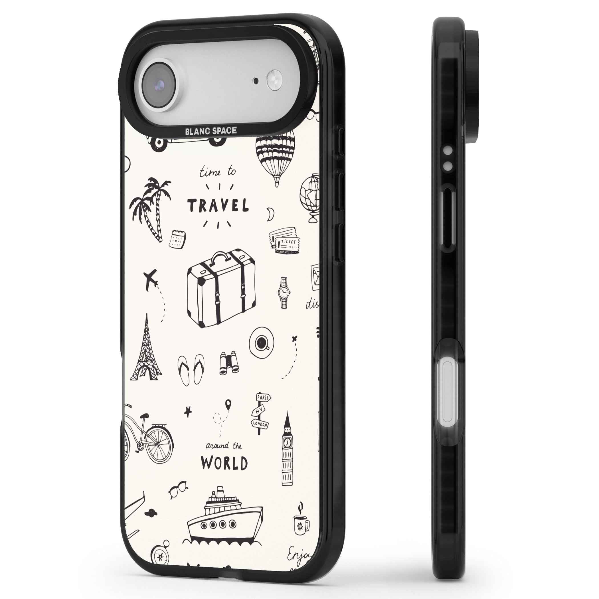 Cute Travel Pattern, White On iPhone 17 Air Impact Black Phone Case Side Profile