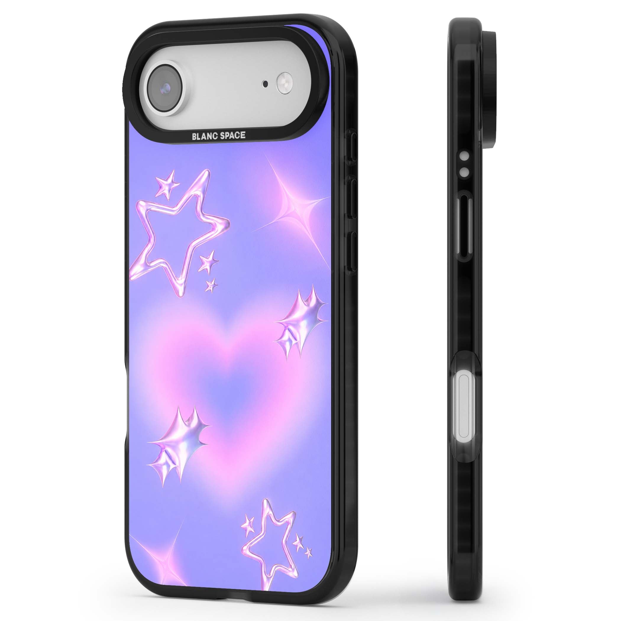 Soft Sugar Y2K iPhone case featuring iridescent chrome hearts, metallic pink stars and a lavender gradient sky | Clear Impact case for iPhone Air