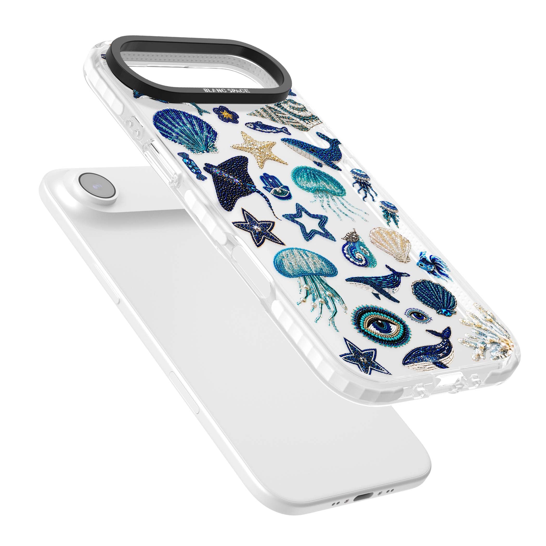Beaded Coastal coastal iPhone case featuring embroidered seashells, jellyfish and a blue whale on clear | Black Impact case for iPhone Air