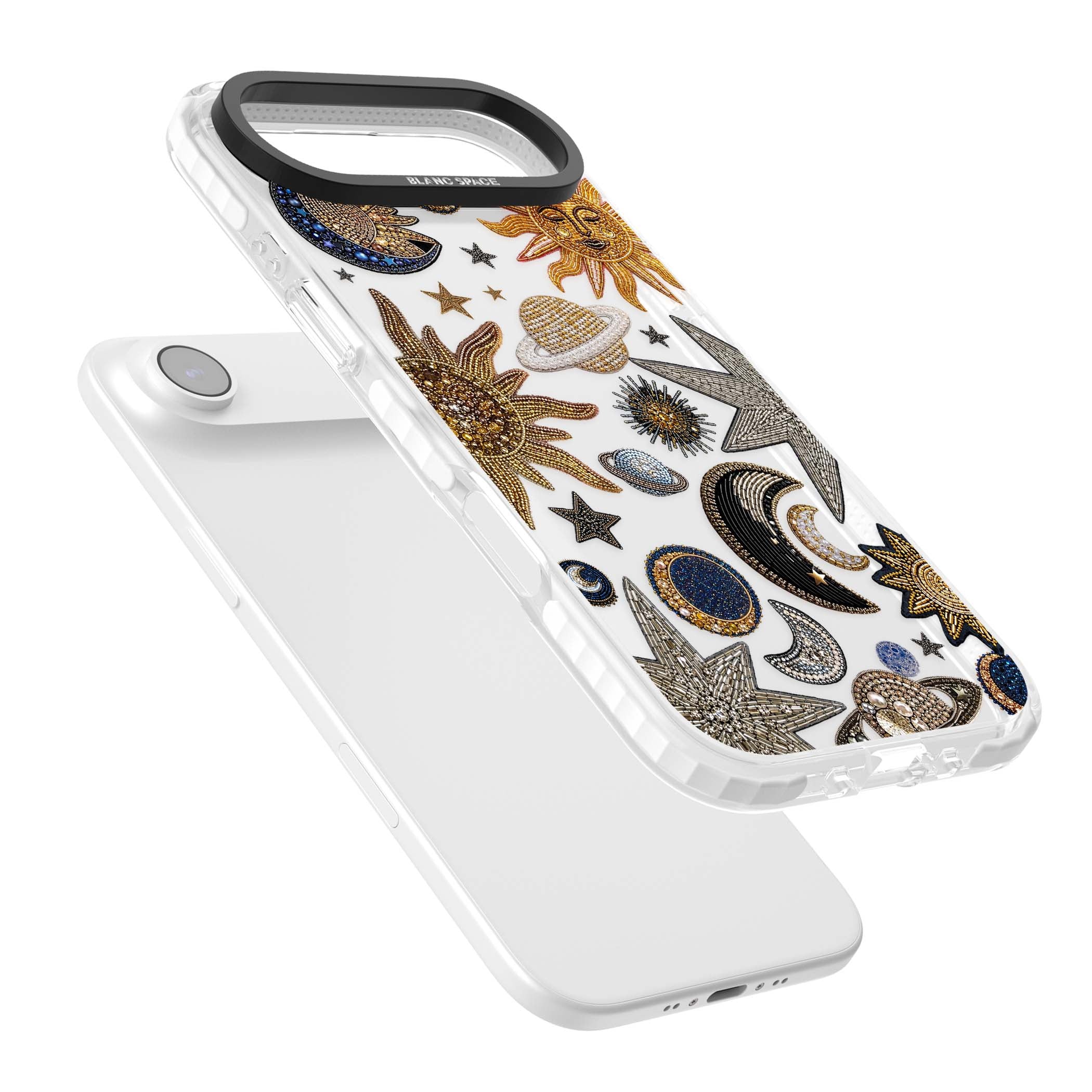 Beaded Cosmos celestial iPhone case featuring embroidered golden suns, beaded planets and silver shooting stars | Black Impact case for iPhone Air