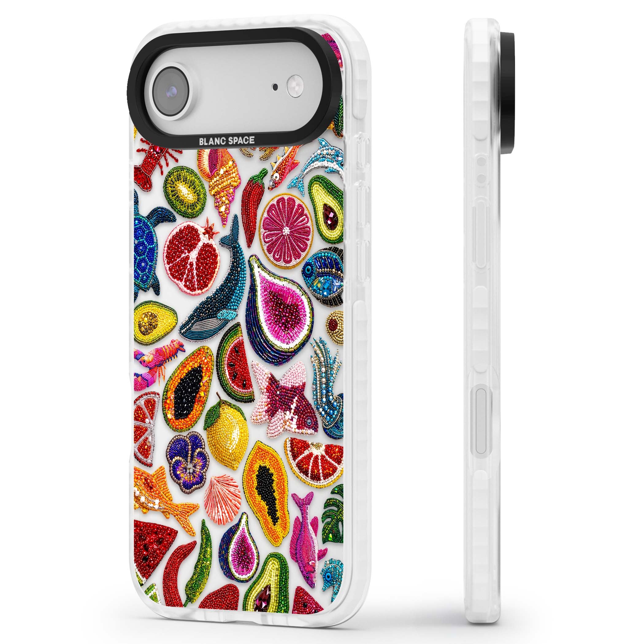Beaded Tropic tropical iPhone case featuring beaded fruit, fish, crabs and seashells in vibrant colour | Black Impact case for iPhone Air