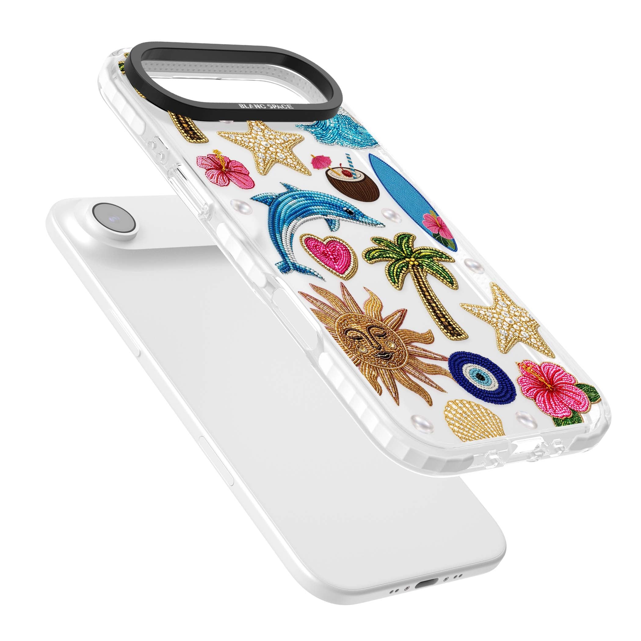 Beaded Beach coastal summer iPhone case featuring embroidered evil eye, hibiscus flowers, dolphin and palm tree patches | Black Impact case for iPhone Air