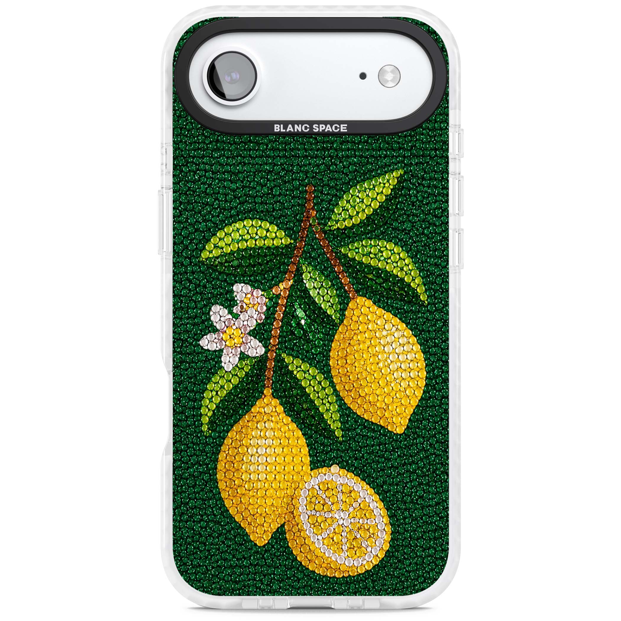 Beaded Lemons coastal iPhone case featuring crystal-beaded lemons, citrus blossom and green leaves on emerald ground | Black Impact case for iPhone Air