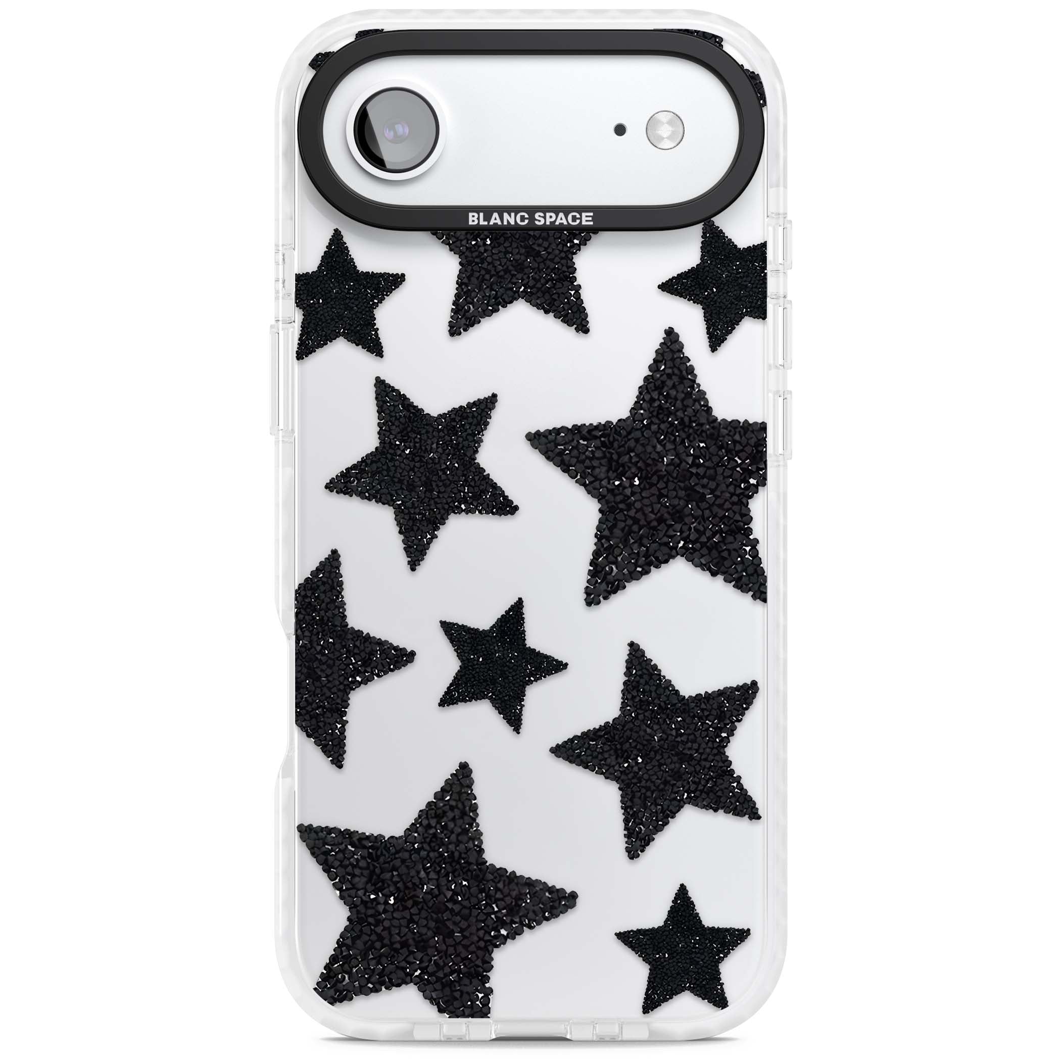 Beaded Black Stars celestial iPhone case featuring black glitter beaded stars scattered on a clear background | Black Impact case for iPhone Air