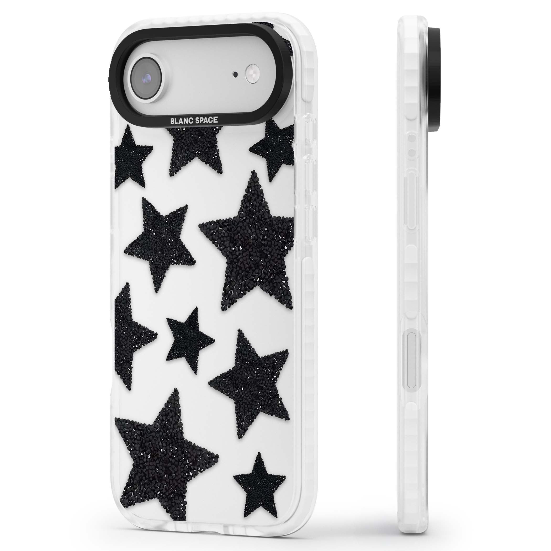 Beaded Black Stars celestial iPhone case featuring black glitter beaded stars scattered on a clear background | Black Impact case for iPhone Air