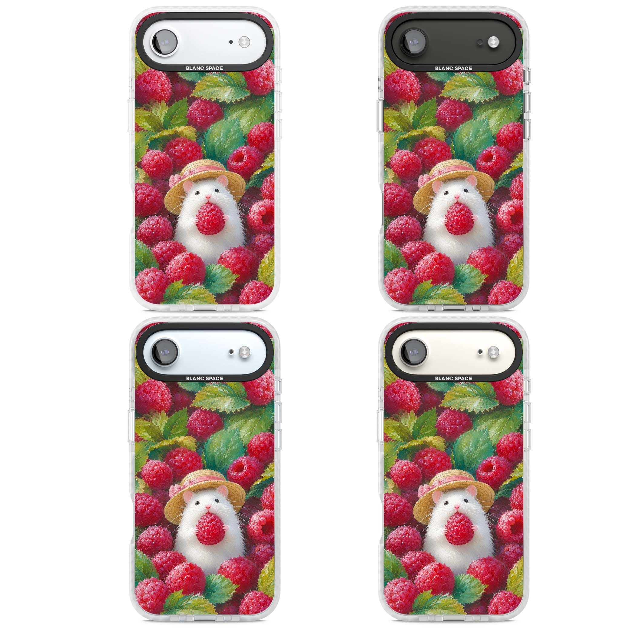 Berry Forager cottagecore iPhone case featuring a white hamster in a straw hat holding a raspberry surrounded by ripe ber | Black Impact case for iPhone Air