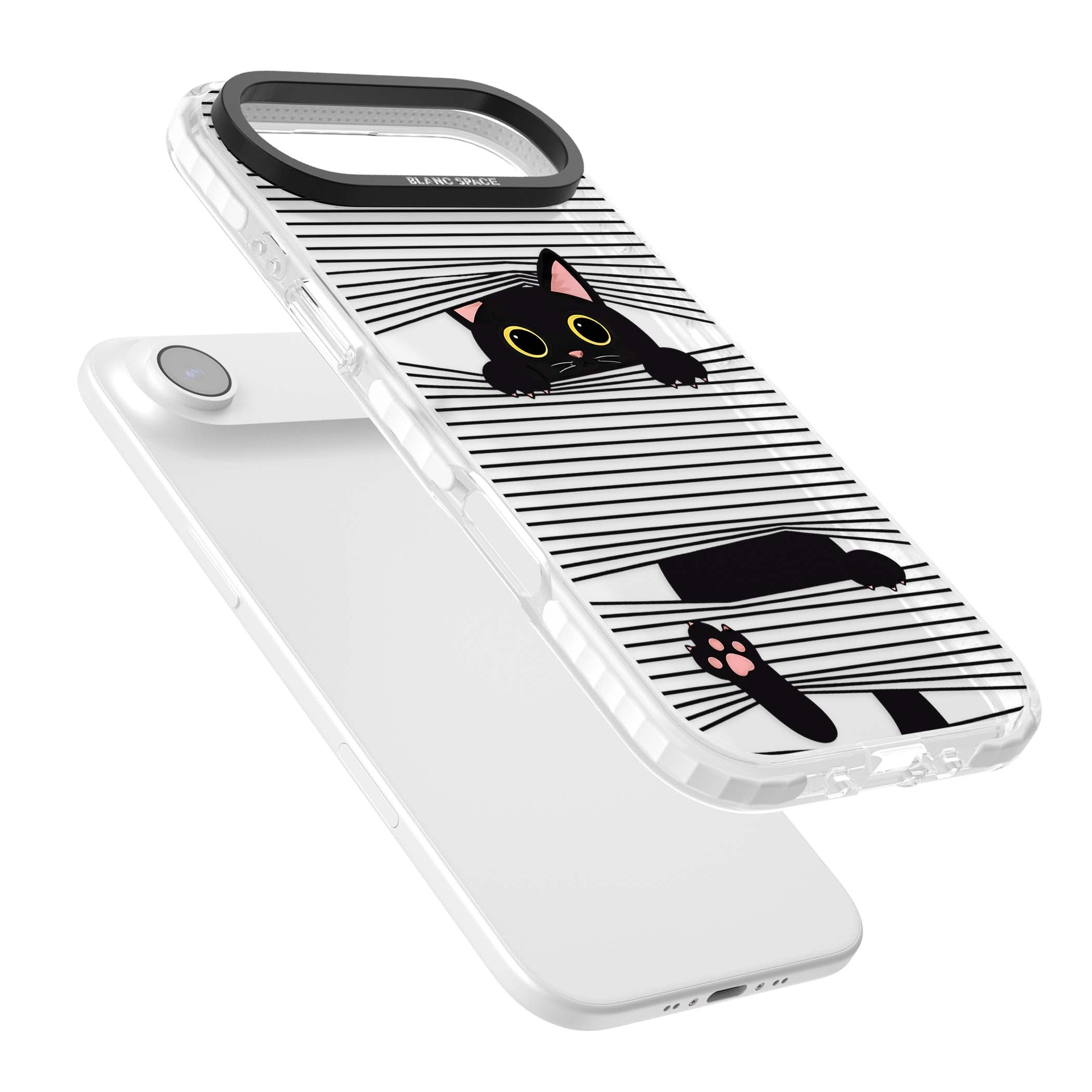 Peek-a-Boo Cat minimal iPhone case featuring black cat peeking through horizontal black and white stripes | Black Impact case for iPhone Air