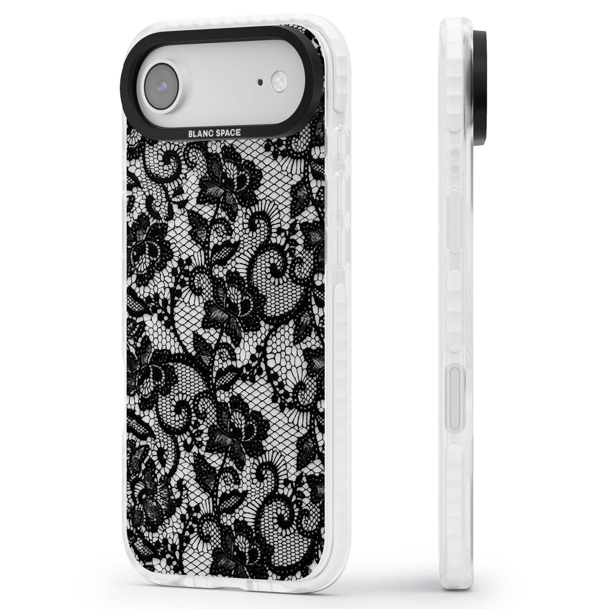 Black Lace gothic iPhone case featuring intricate black floral lace pattern with vintage whimsigoth detail | Black Impact case for iPhone Air
