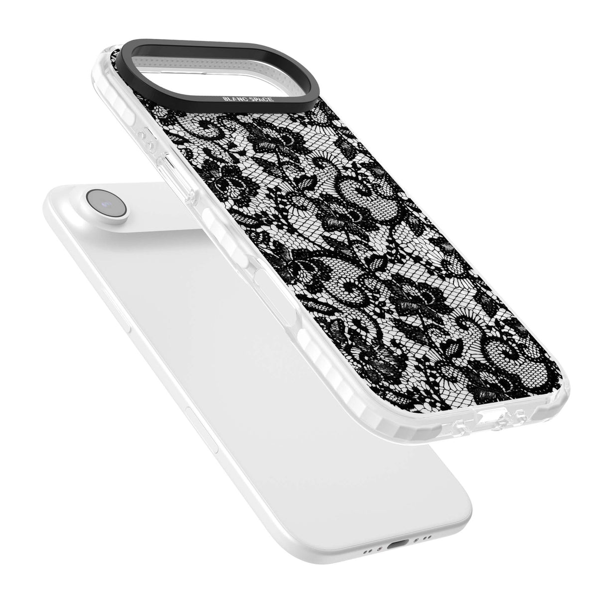 Black Lace gothic iPhone case featuring intricate black floral lace pattern with vintage whimsigoth detail | Black Impact case for iPhone Air