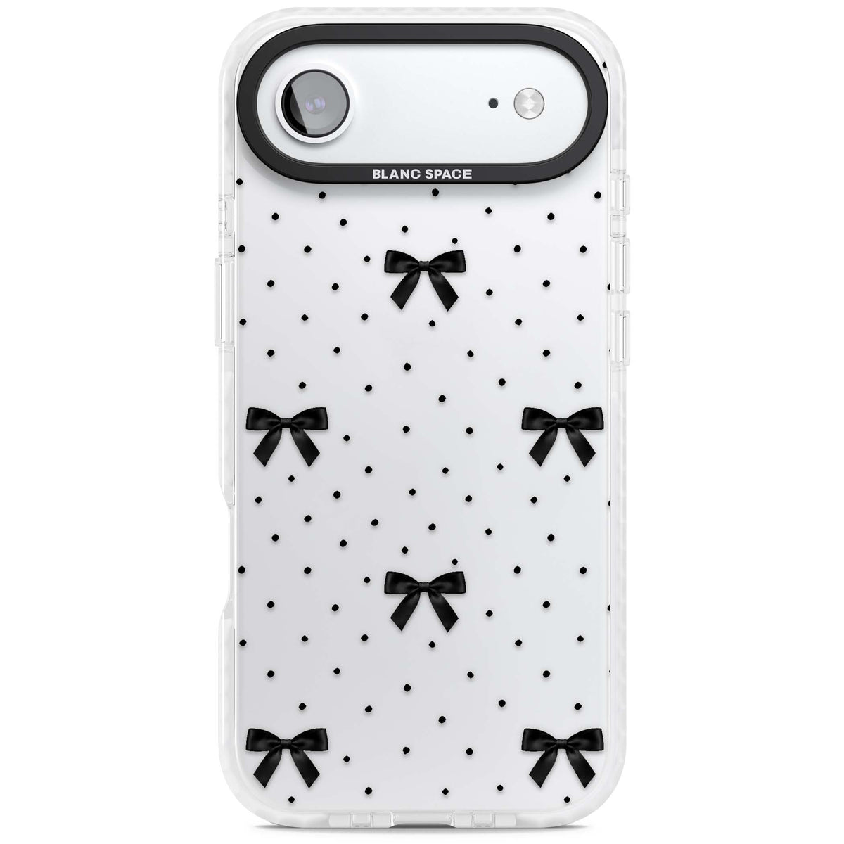 Black Polka Bows coquette iPhone case featuring scattered black satin bows and tiny polka dots on a clear base | Black Impact case for iPhone Air