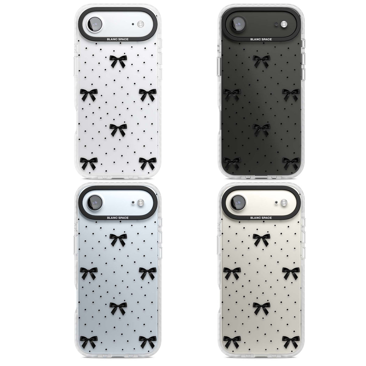 Black Polka Bows coquette iPhone case featuring scattered black satin bows and tiny polka dots on a clear base | Black Impact case for iPhone Air
