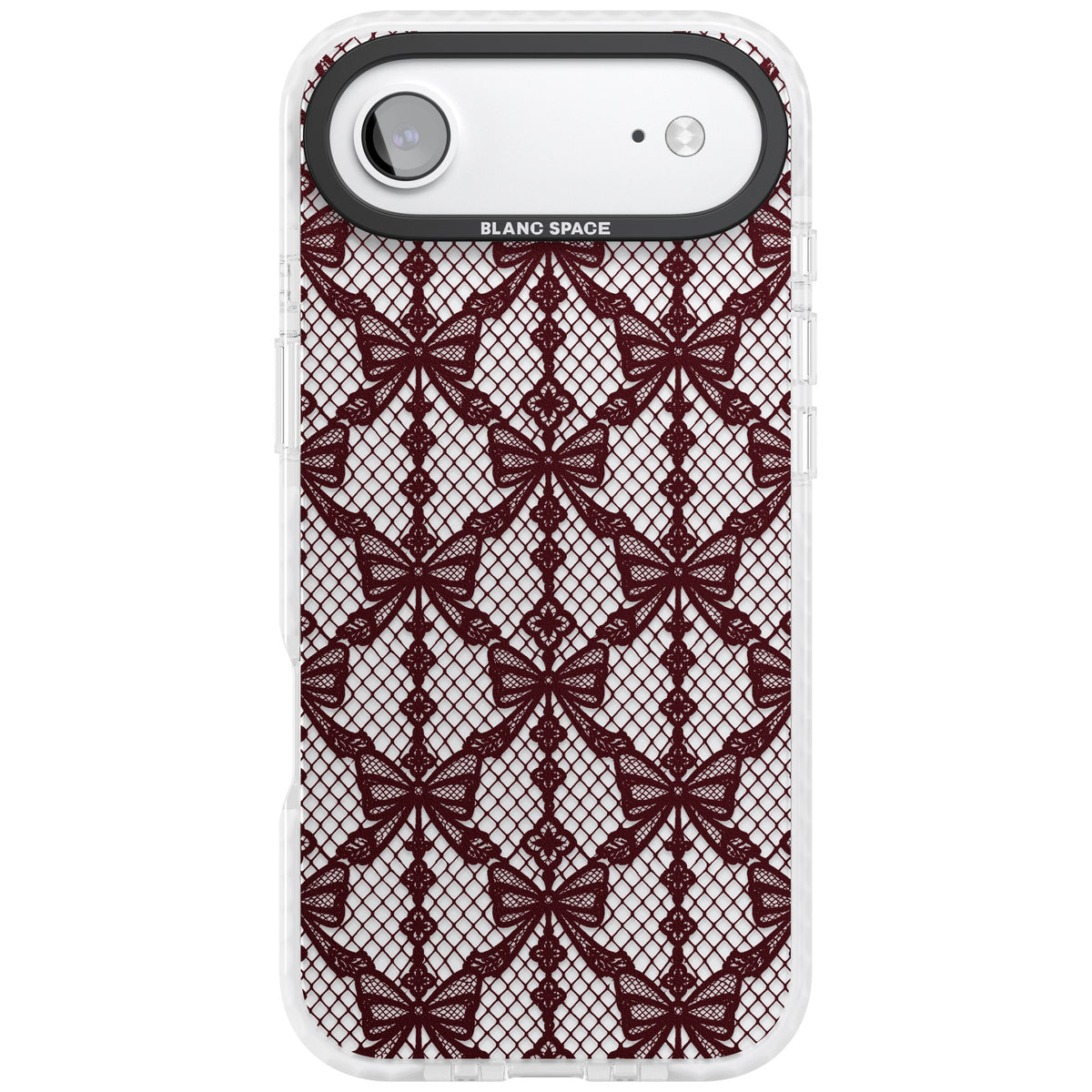 Burgundy Bow Lace coquette iPhone case featuring burgundy ribbon bows, fishnet mesh and vintage lace lattice iPhone Air / iPhone 17 Air Impact Clear Phone Case front