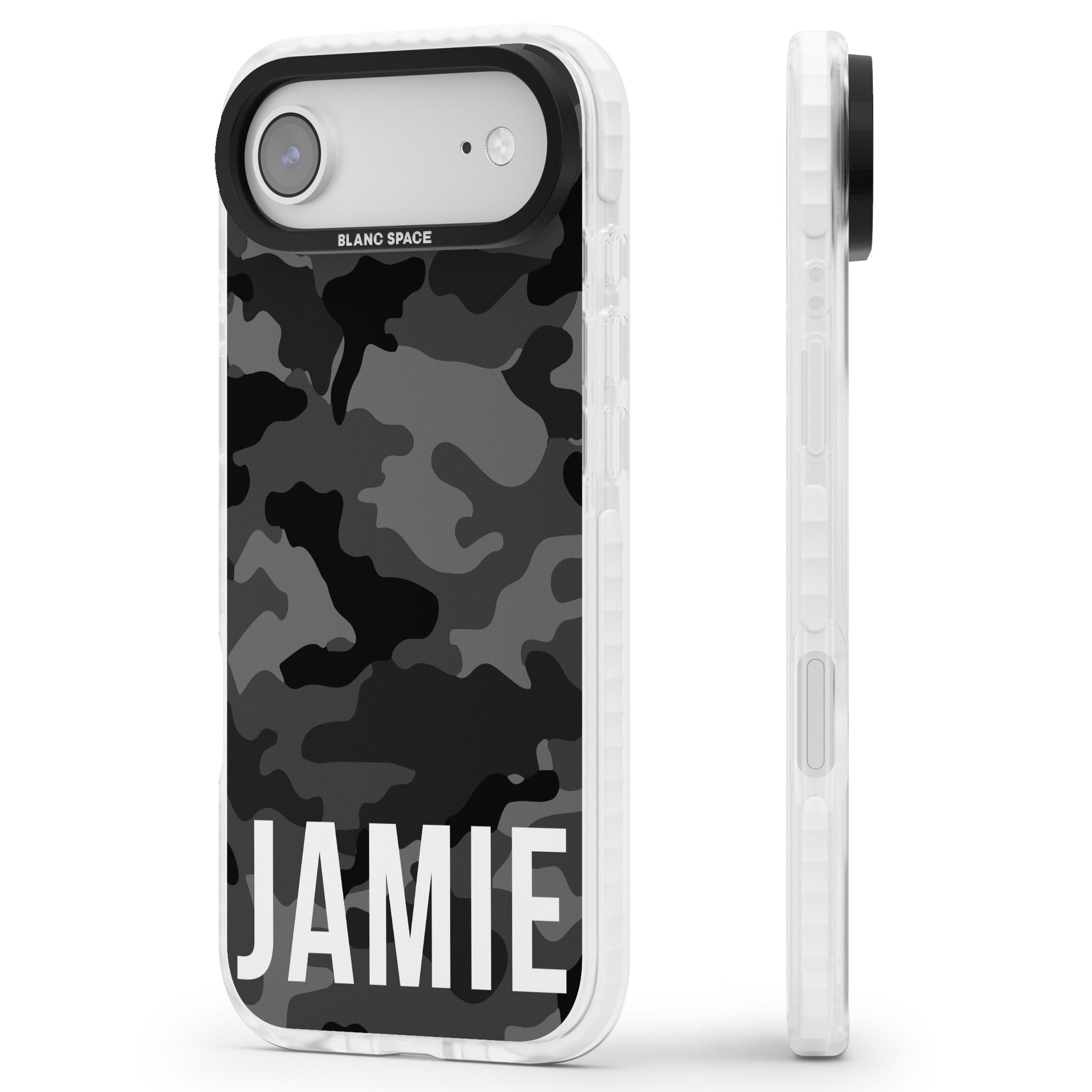 Personalised Black Camo Name Horizontal iPhone 17 Air Impact Clear Phone Case Side Profile