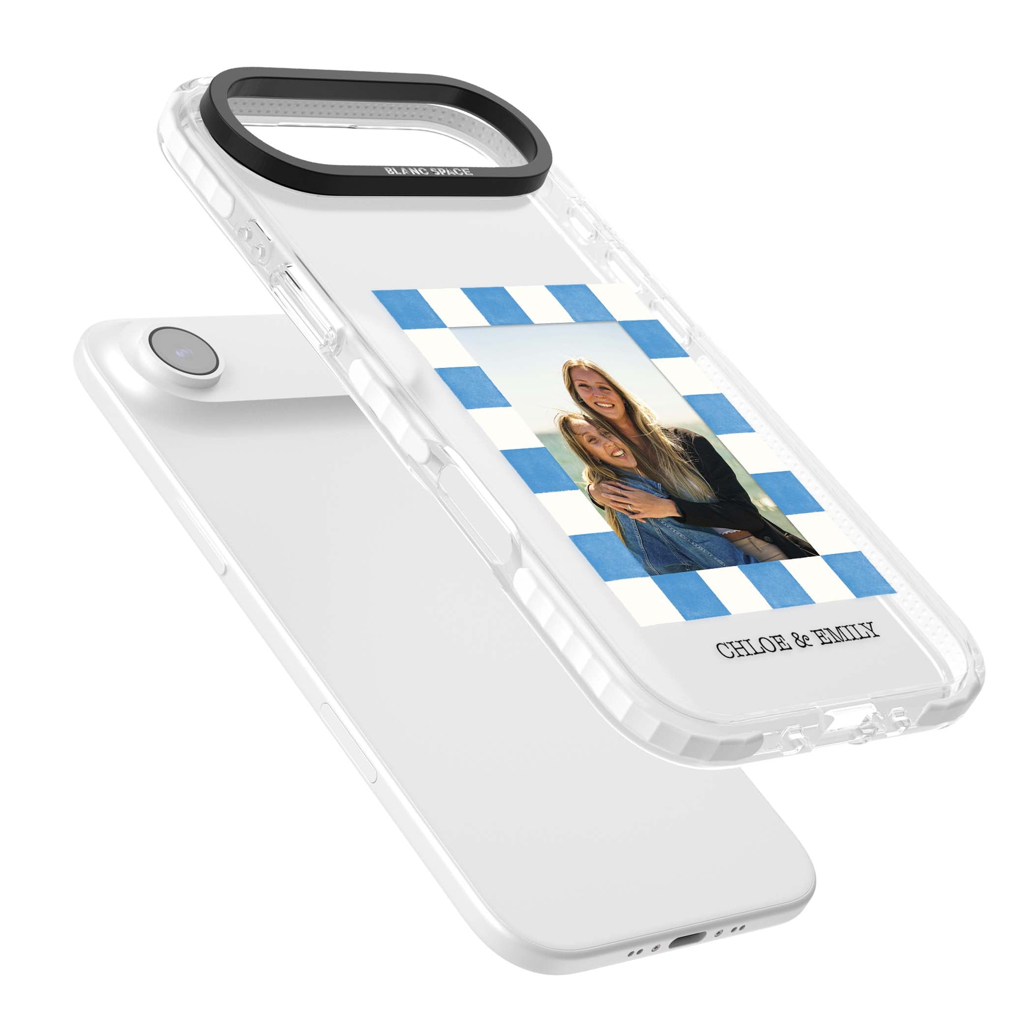 Blue Check Photo personalised photo iPhone case with blue checkered frame and custom couple names | Black Impact case for iPhone Air