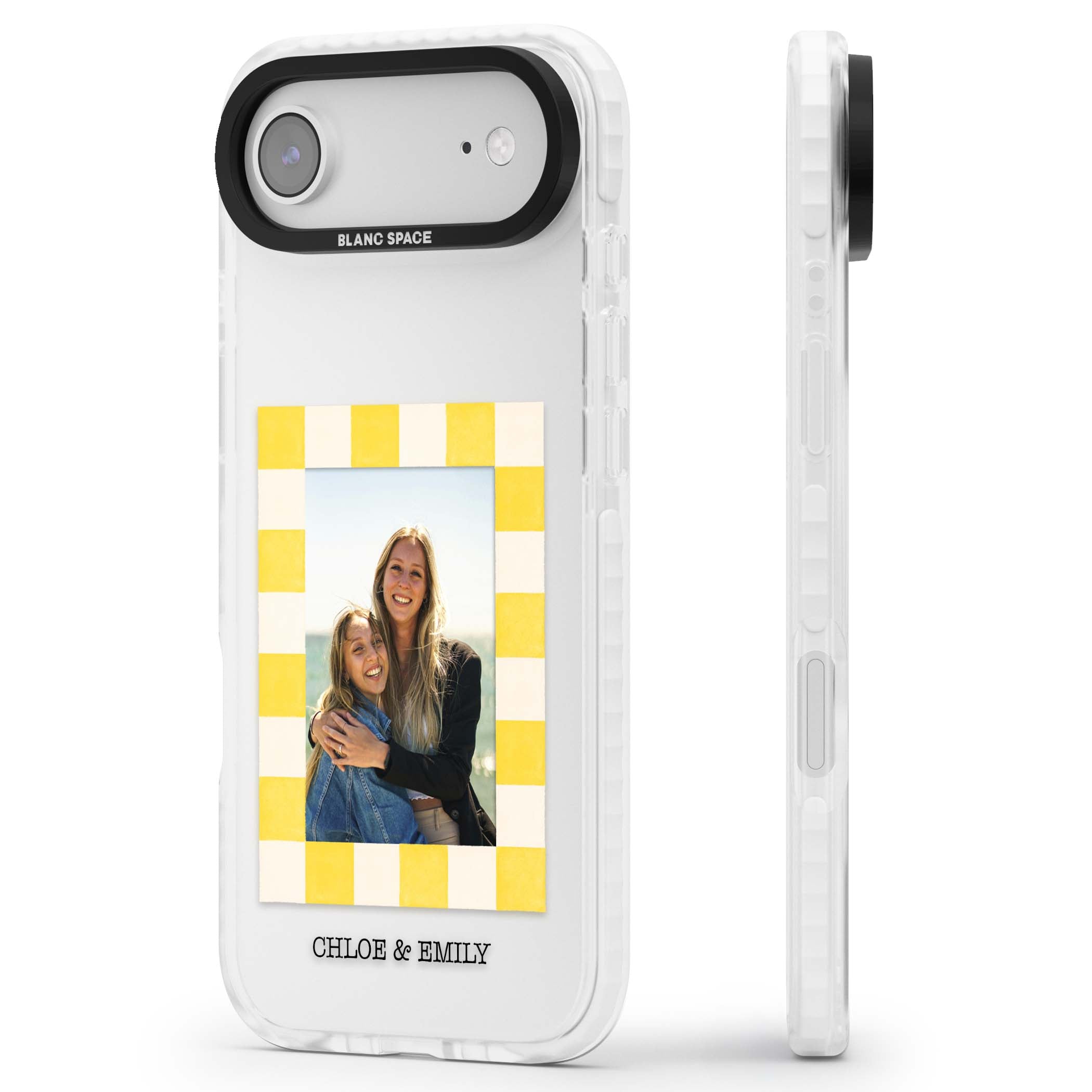 Yellow Check Photo personalised iPhone case with yellow checkered Polaroid frame and custom names beneath | Black Impact case for iPhone Air