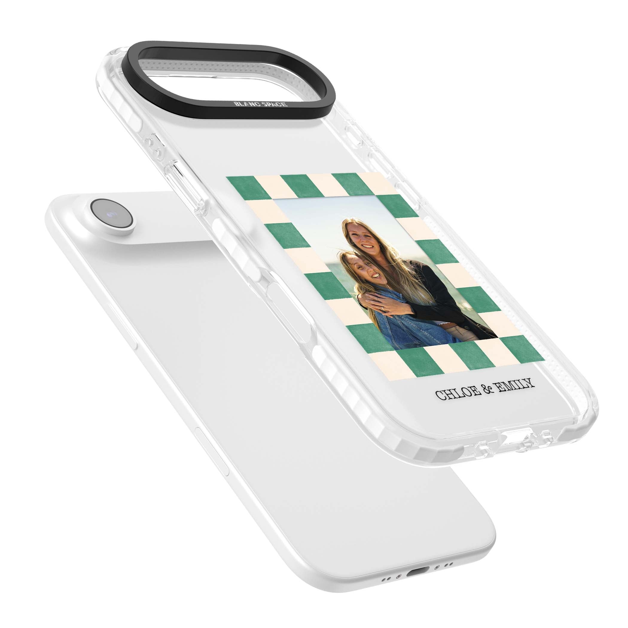 Seafoam Check Photo personalised iPhone case featuring a custom polaroid photo, green and cream checkered frame, and custom n | Black Impact case for iPhone Air