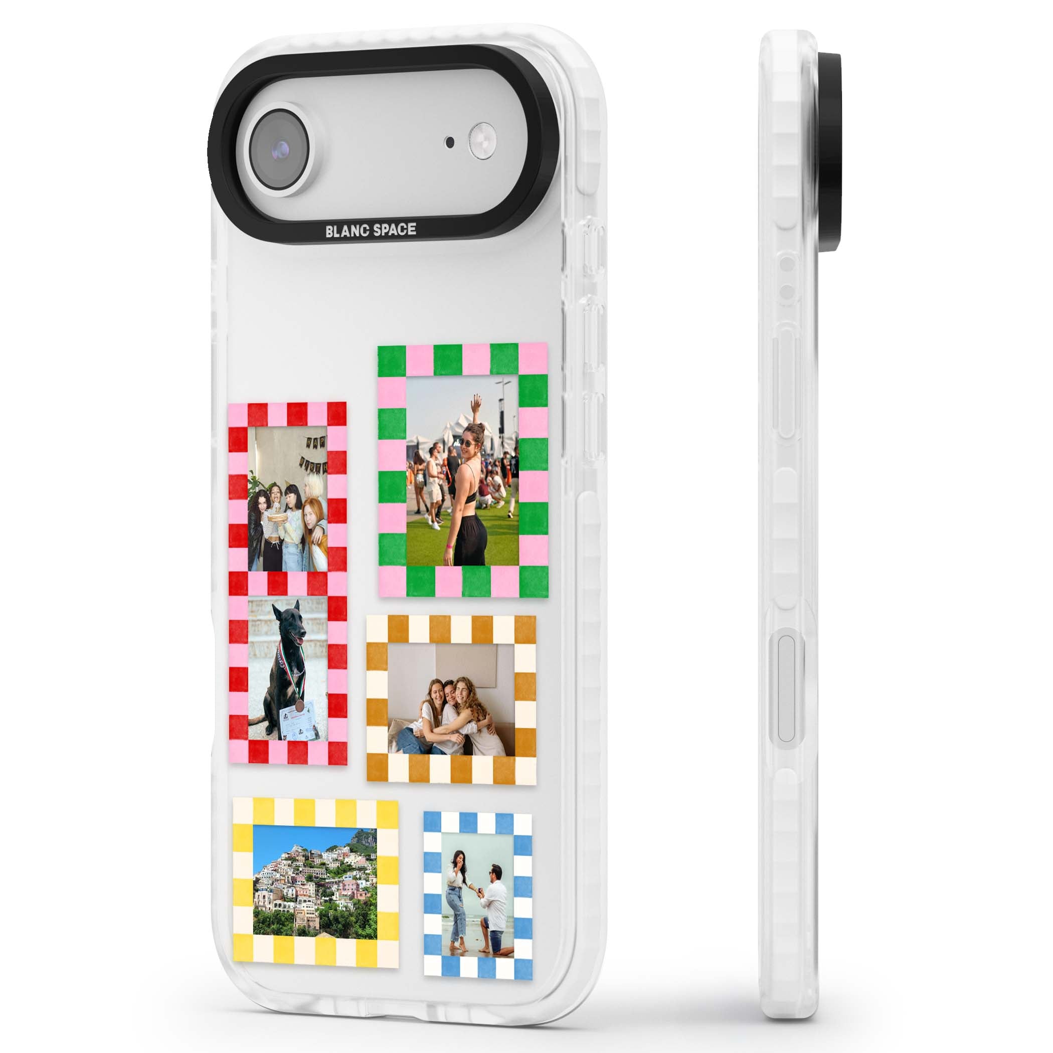Italian Check Frames custom photo collage iPhone case featuring six checkered photo frames in red, green, pink and  | Black Impact case for iPhone Air