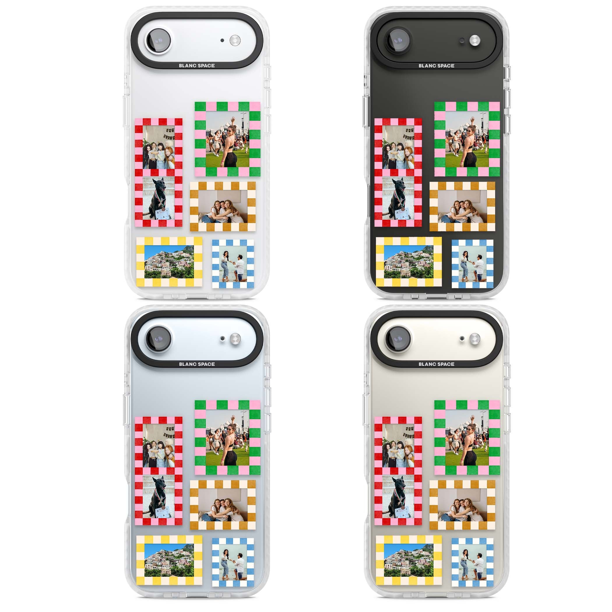 Italian Check Frames custom photo collage iPhone case featuring six checkered photo frames in red, green, pink and  | Black Impact case for iPhone Air
