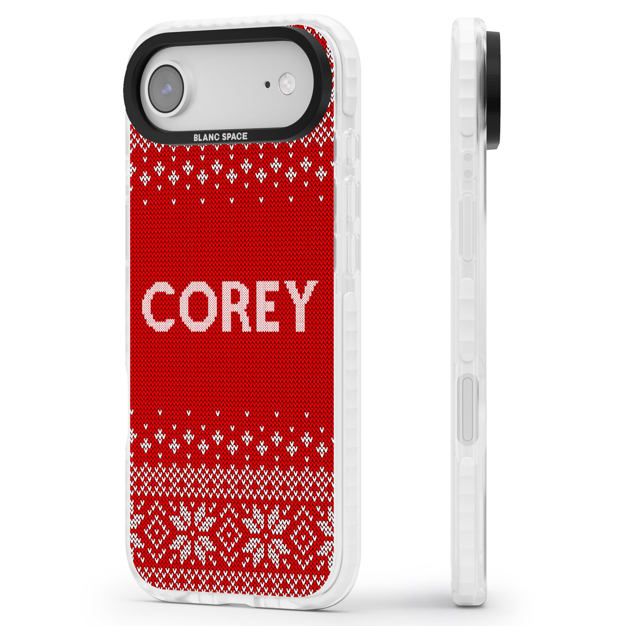 Personalised Red Christmas Knit iPhone 17 Air Impact Clear Phone Case Side Profile