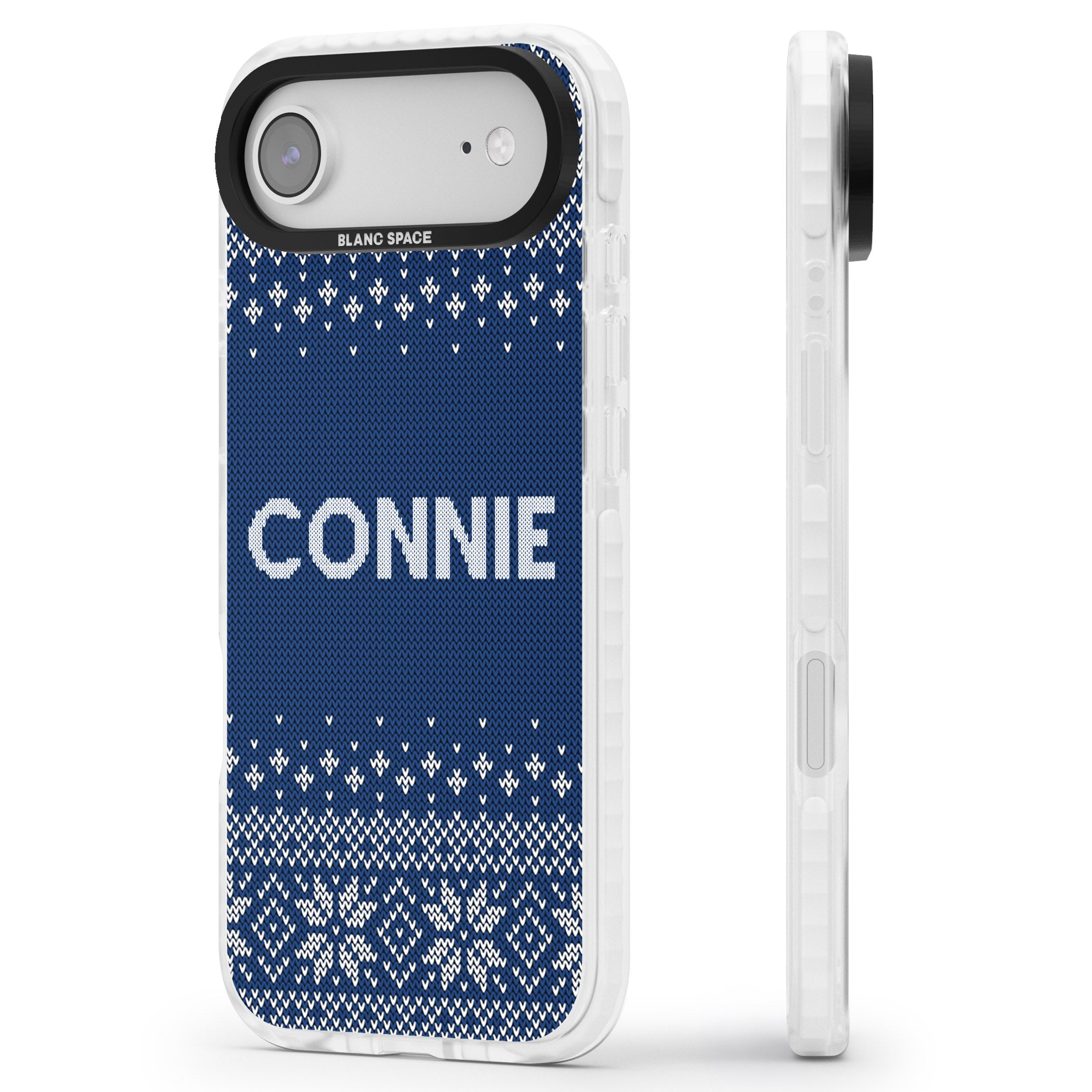 Personalised Blue Knitted Christmas iPhone 17 Air Impact Clear Phone Case Side Profile