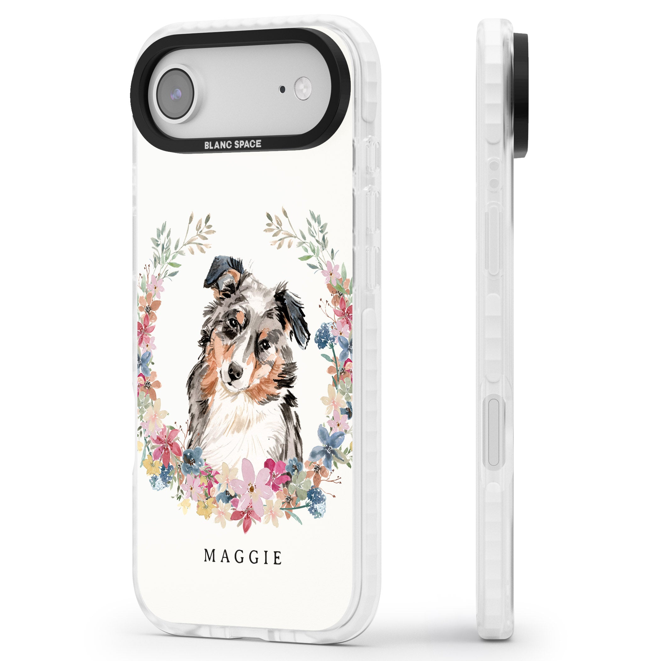 Personalised Australian Shepherd Floral Portrait iPhone 17 Air Impact Clear Phone Case Side Profile