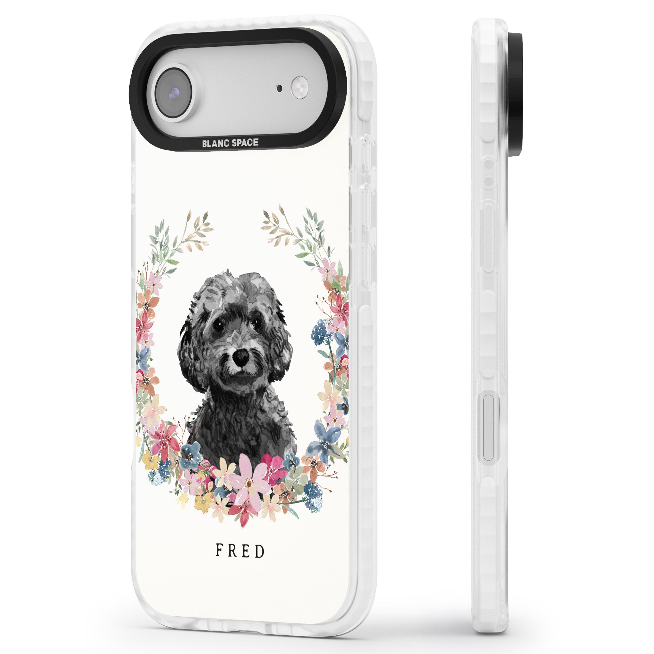 Personalised Black Cockapoo Floral Portrait iPhone 17 Air Impact Clear Phone Case Side Profile