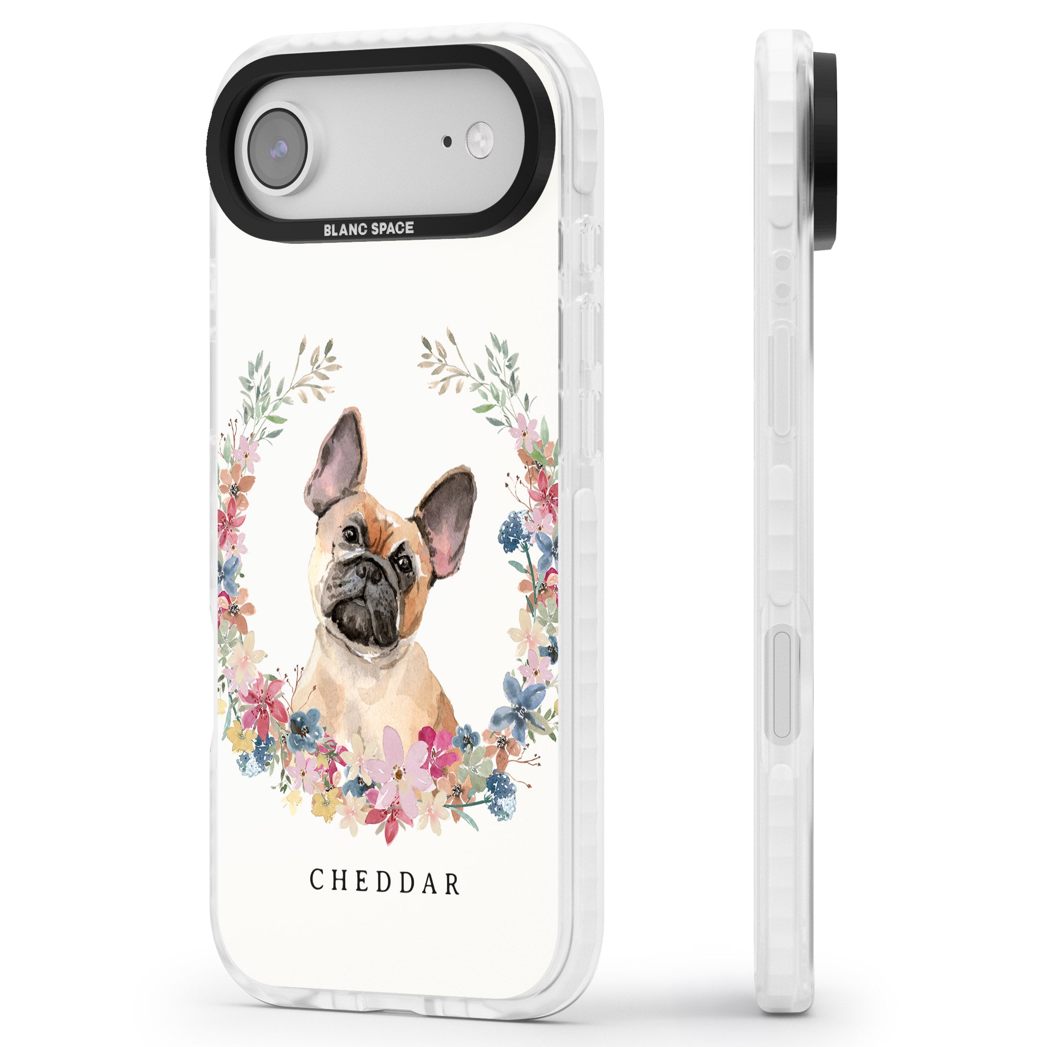 Personalised Tan French Bulldog Floral Portrait iPhone 17 Air Impact Clear Phone Case Side Profile