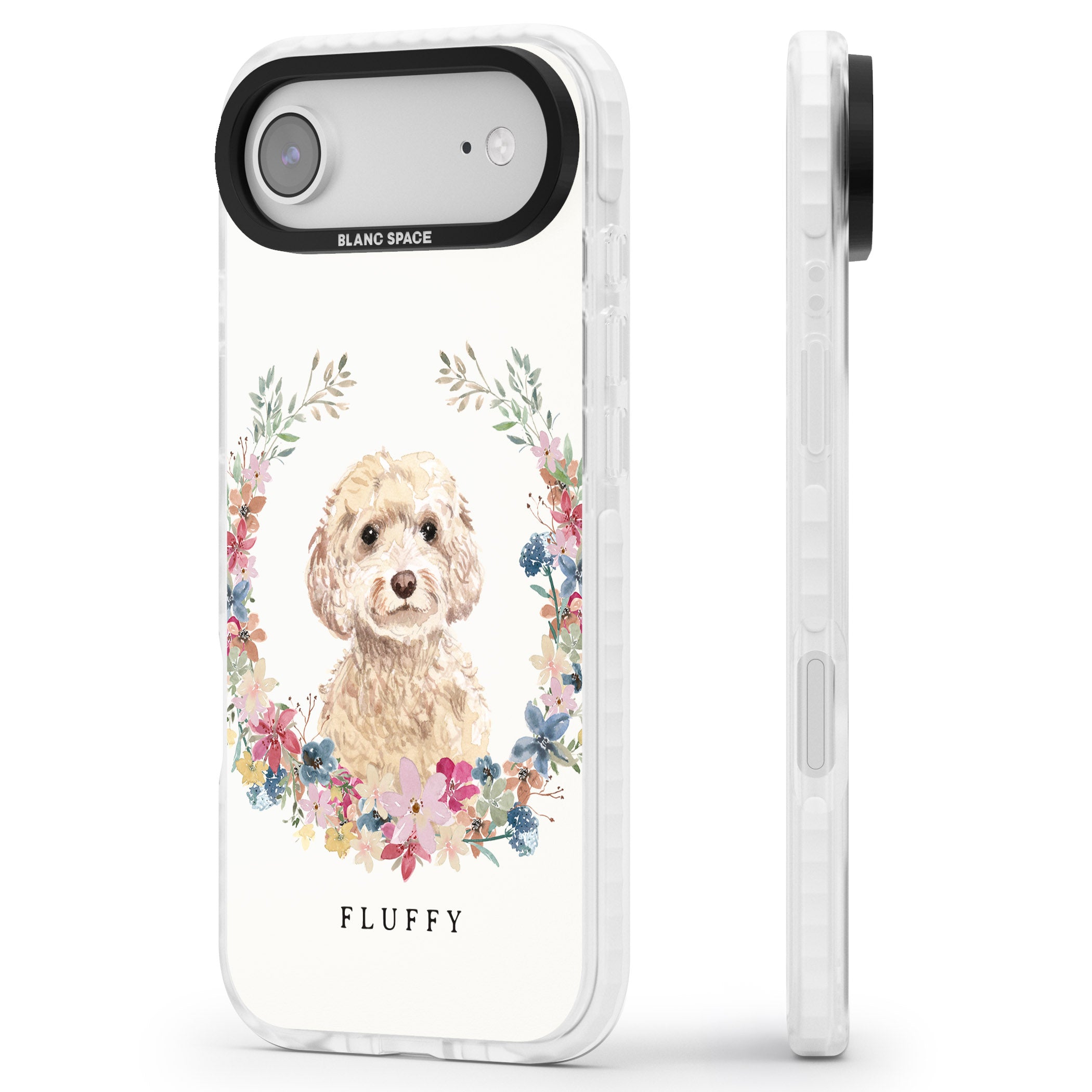 Personalised Champagne Cockapoo Floral Portrait iPhone 17 Air Impact Clear Phone Case Side Profile